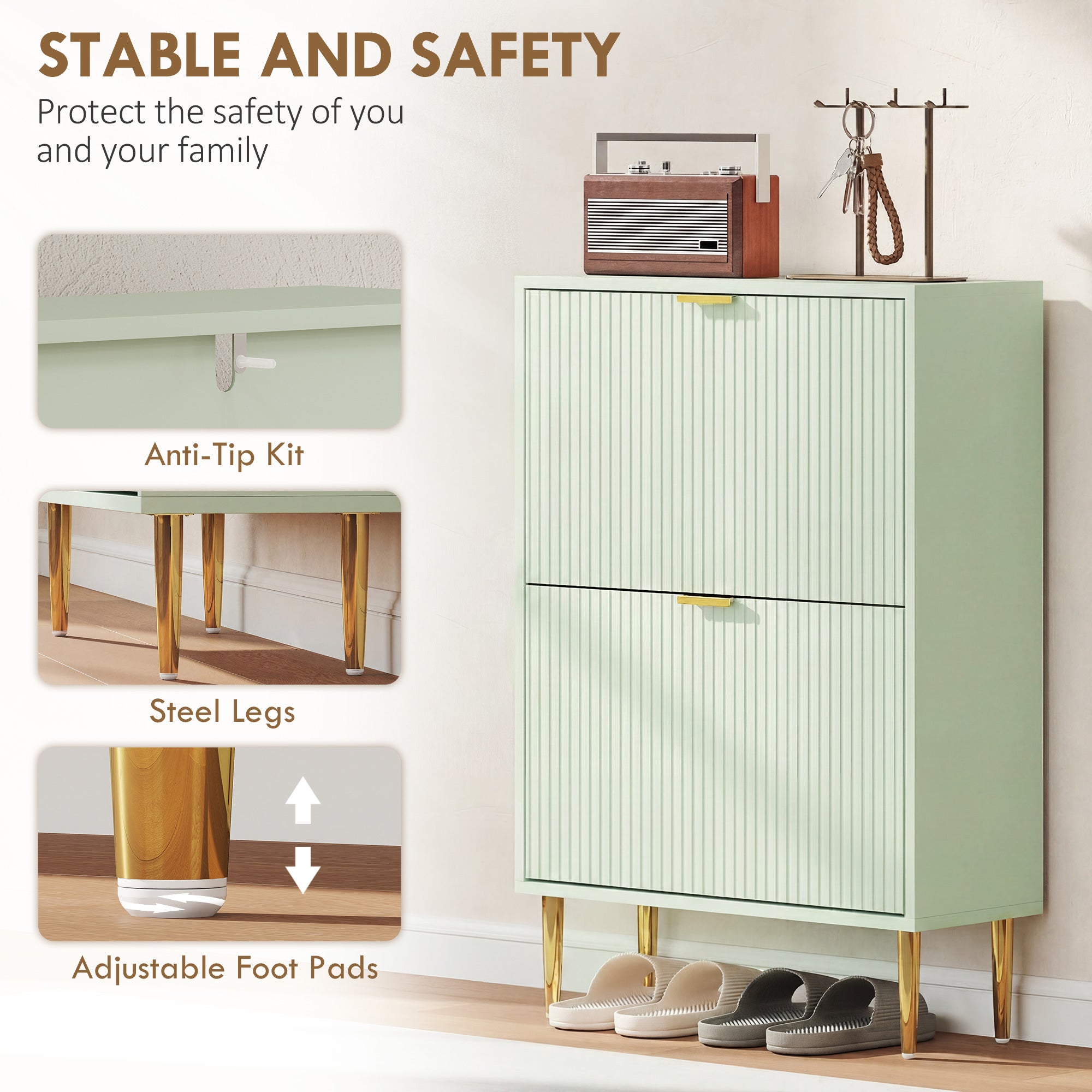 HOMCOM Elegant Two-Drawer Shoe Cabinet - Light Green