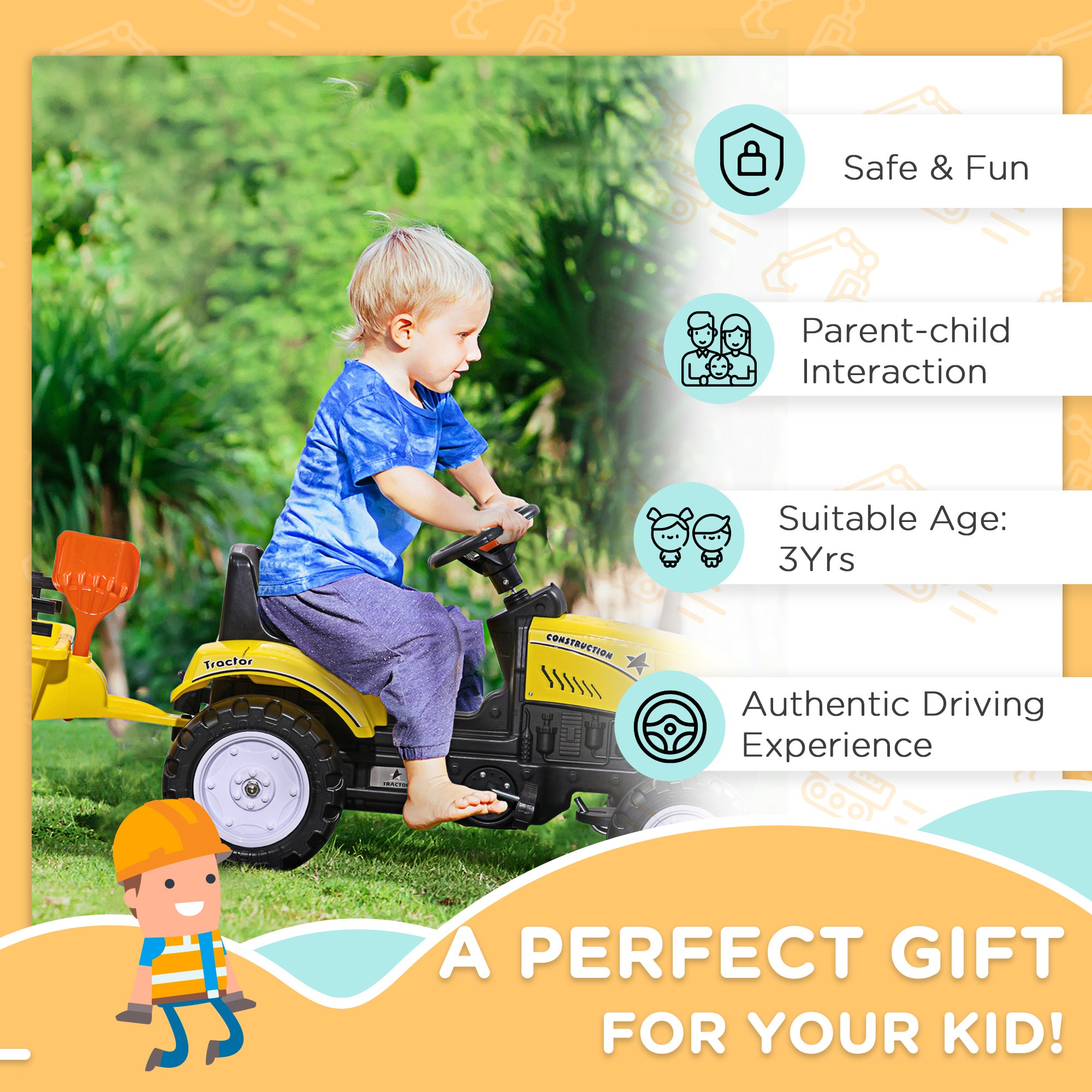 HOMCOM Pedal Go Kart, Kids Ride on Tractor with Back Trailer, Shovel & Rake, Horn, Four Wheels Tractor Toy for Child Toddler - North Peak Garden Furniture