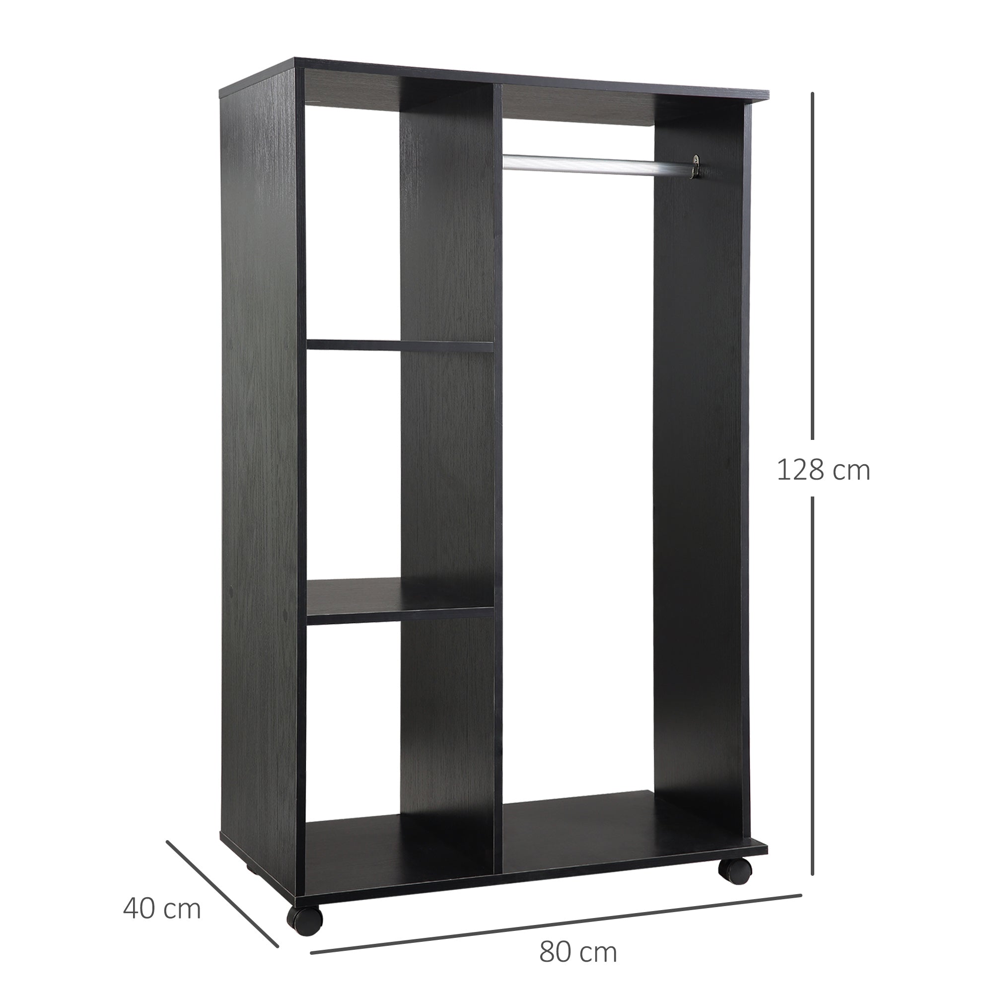 HOMCOM Open Wardrobe on Wheels with Clothes Rail, Bedroom Clothes Storage with Hanging Rod, 3 Storage Shelves, Mobile Garment Rack for Cloakroom, Hallway, Black - North Peak Garden Furniture