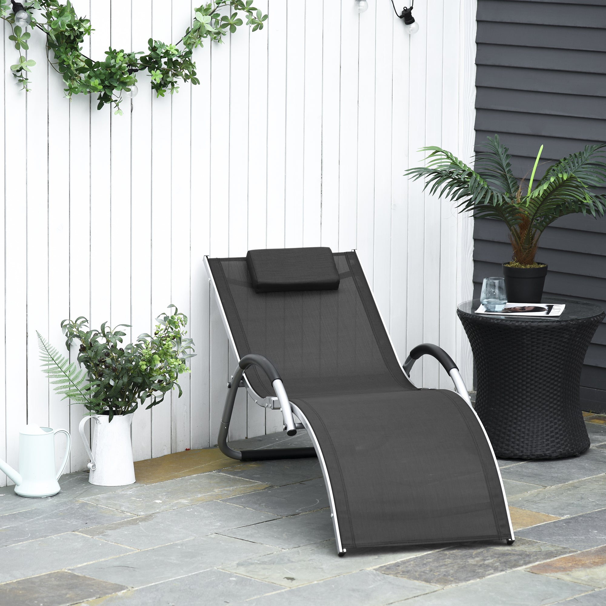 Outsunny Sun Lounger Reclining Chair Portable Armchair with Pillow for Garden Patio Outside Aluminium Frame, Black - North Peak Garden Furniture