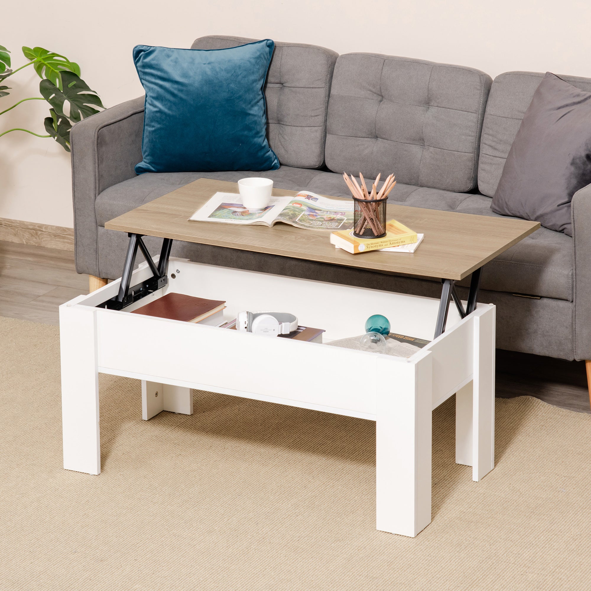 HOMCOM Lift Top Coffee Table with Hidden Storage Compartment, Lift Tabletop Pop-Up Center Table for Living Room - North Peak Garden Furniture