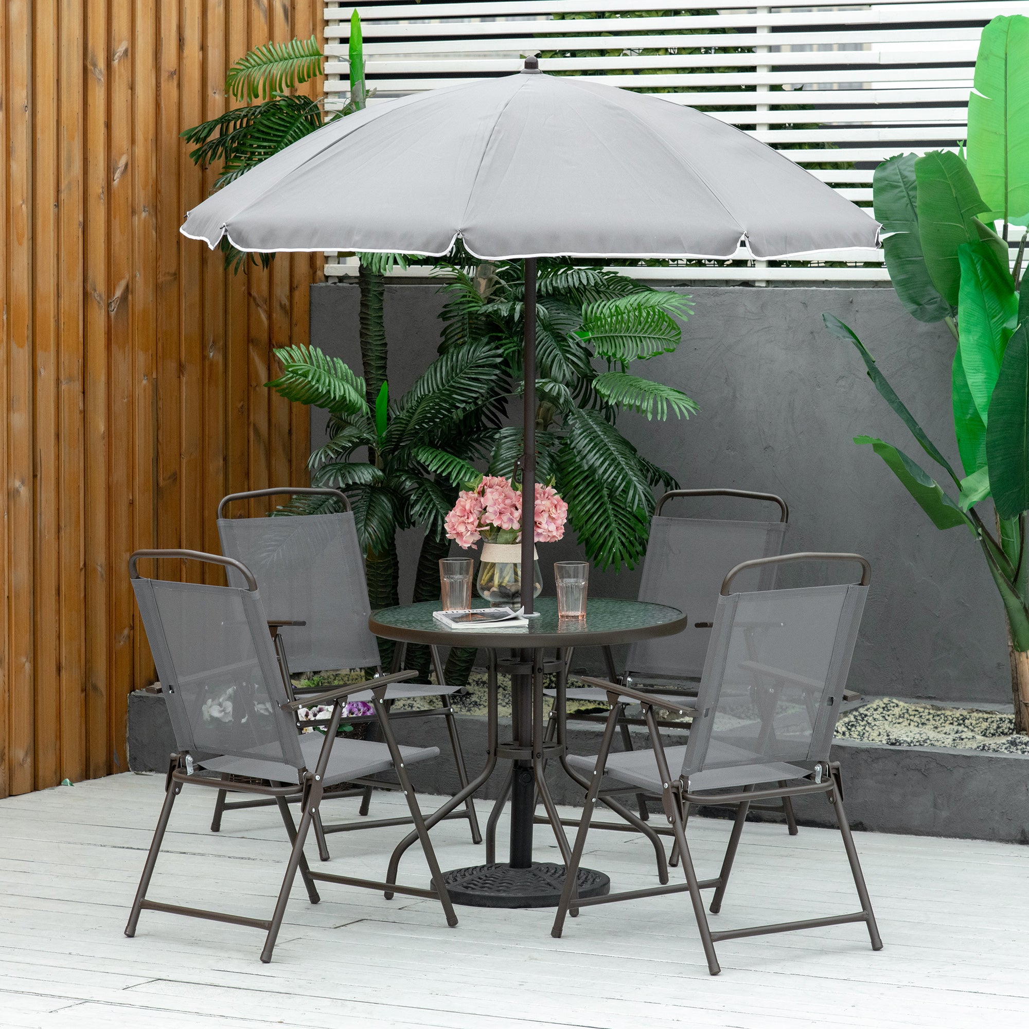 Outsunny 6 Piece Garden Dining Set with Umbrella, Patio Sets with Parasol with 4 Folding Dining Chairs & Round Tempered Glass Table, Grey - North Peak Garden Furniture