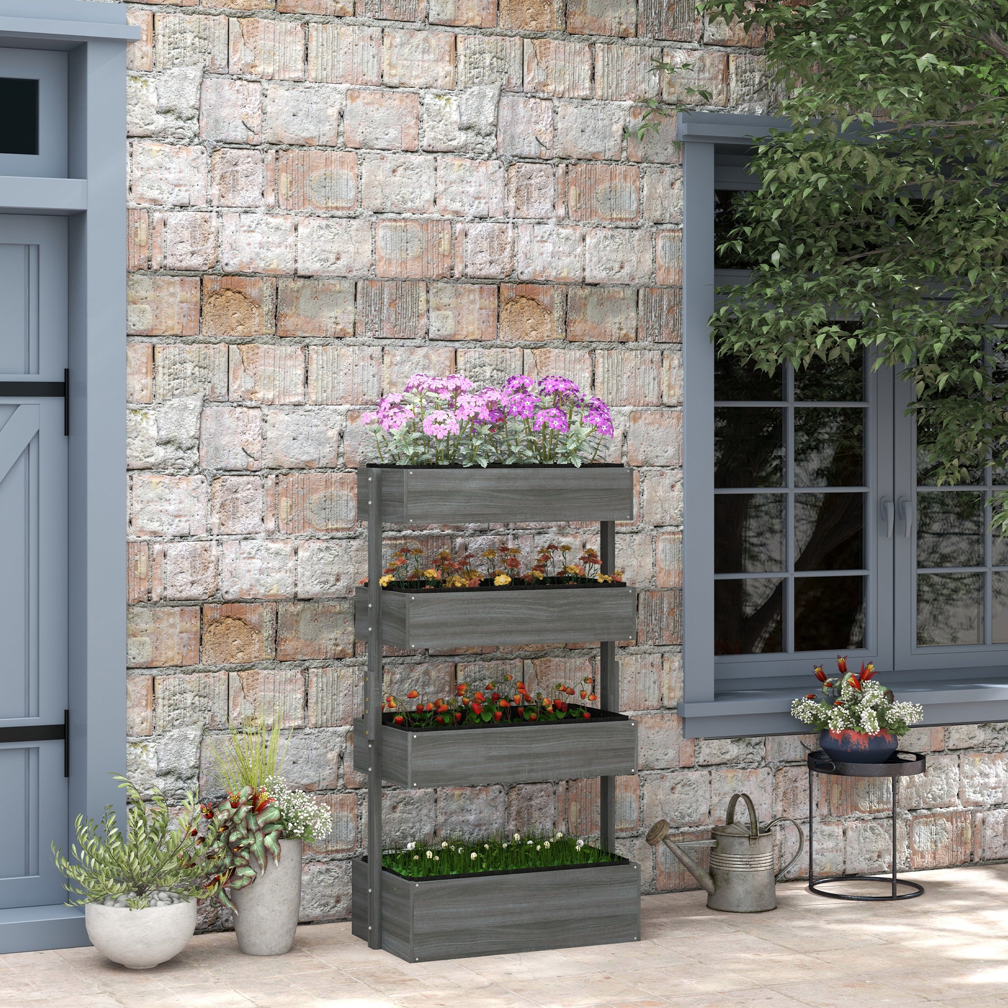 Outsunny Four-Tier Basket Wooden Plant Stand - Grey - North Peak Garden Furniture