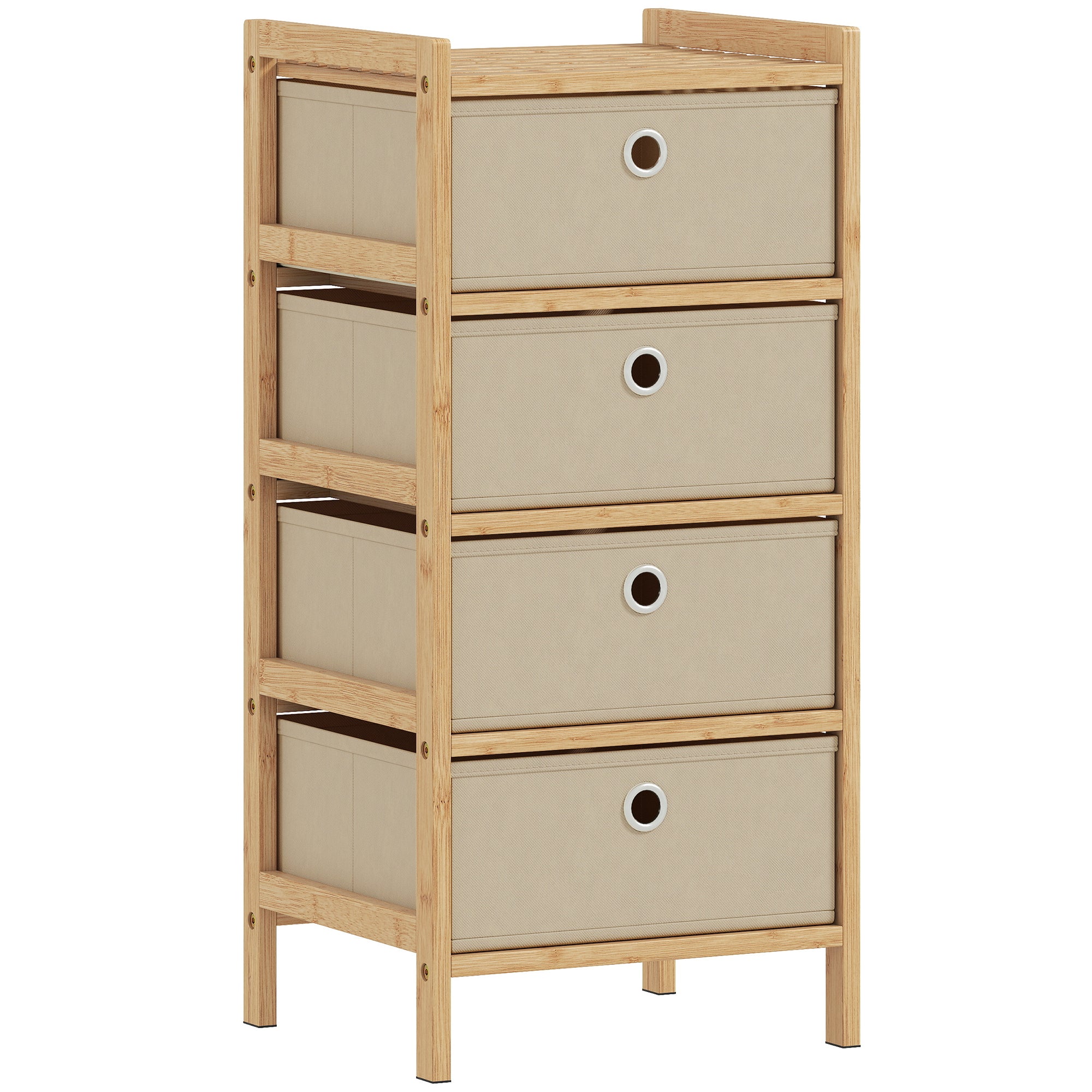HOMCOM Chest of Drawers, 4 Fabric Drawers Narrow Dresser with Bamboo Frame, Cream White