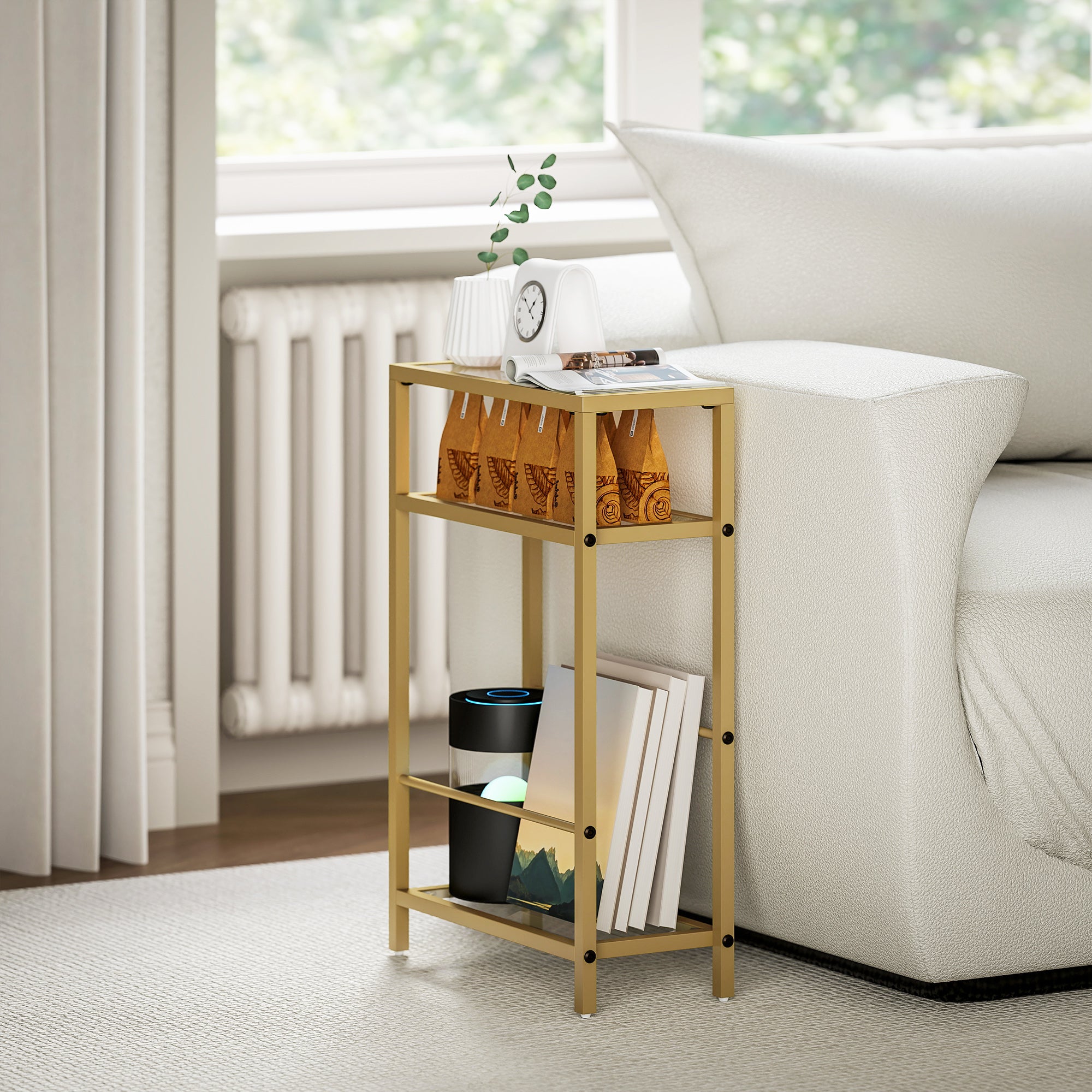 HOMCOM 3-Tier Side Table, Narrow End Table with Storage Shelf and Tempered Glass Tabletop for Small Spaces, Bedroom, Living Room, Entryway, Gold Tone - North Peak Garden Furniture