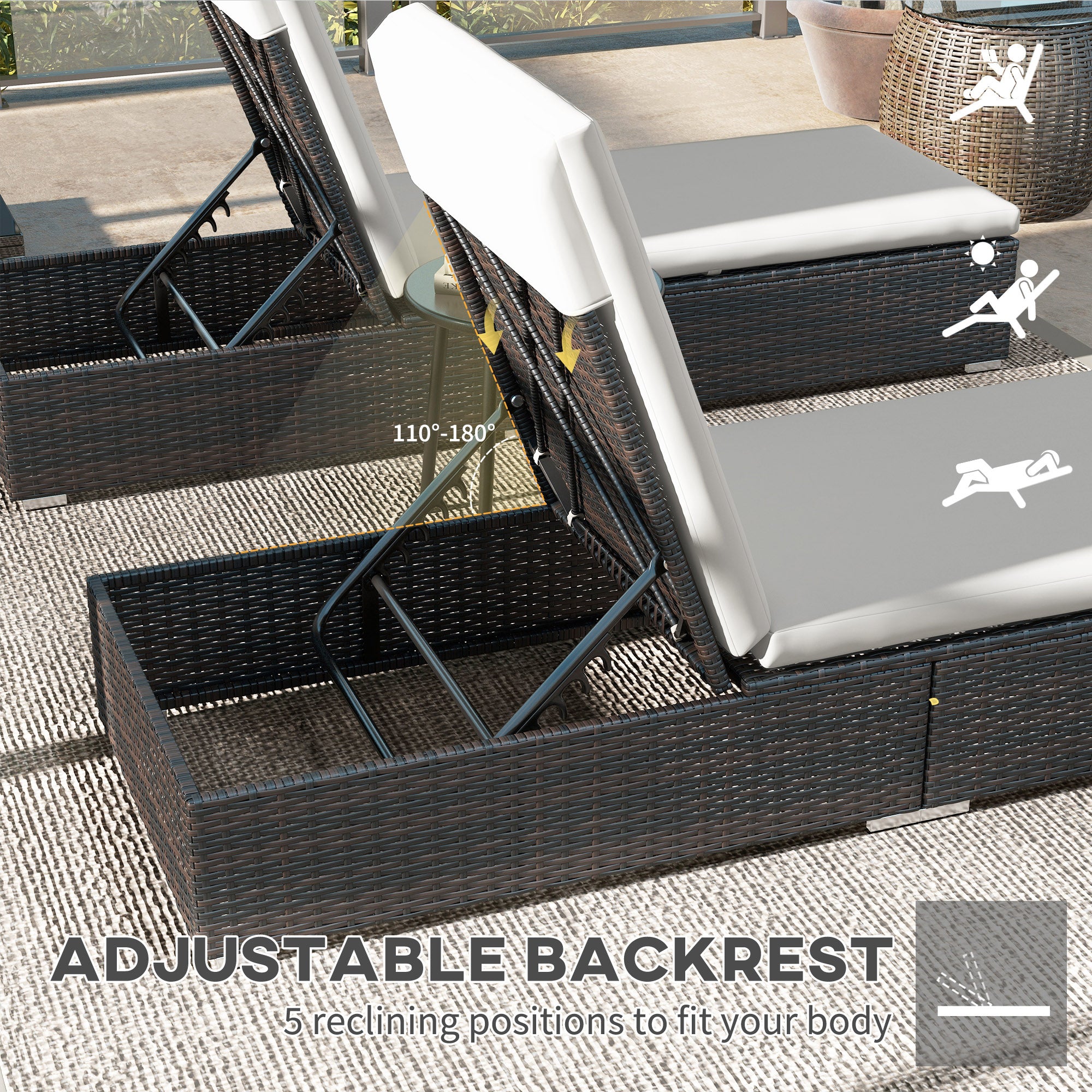 Outsunny Set of Two Rattan Sun Loungers, with Reclining Backs - Brown/Cream - North Peak Garden Furniture