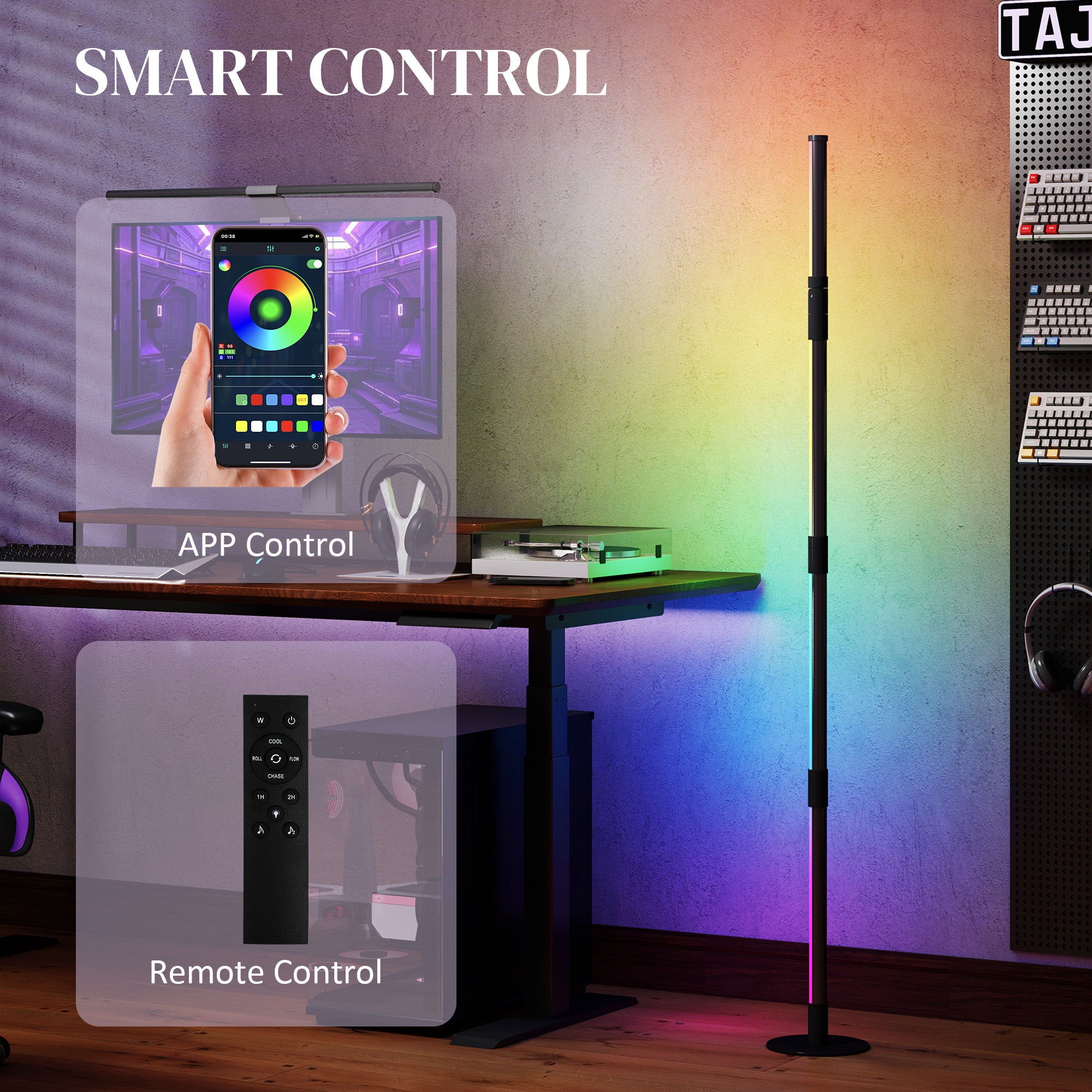 HOMCOM LED Floor Lamp, 360° RGB Detachable Corner Floor Lamp with App & Remote Control, Colour Changing Standing Lamp with Music Sync & Timing, for Living Room, Game Room, Dark Grey - North Peak Garden Furniture