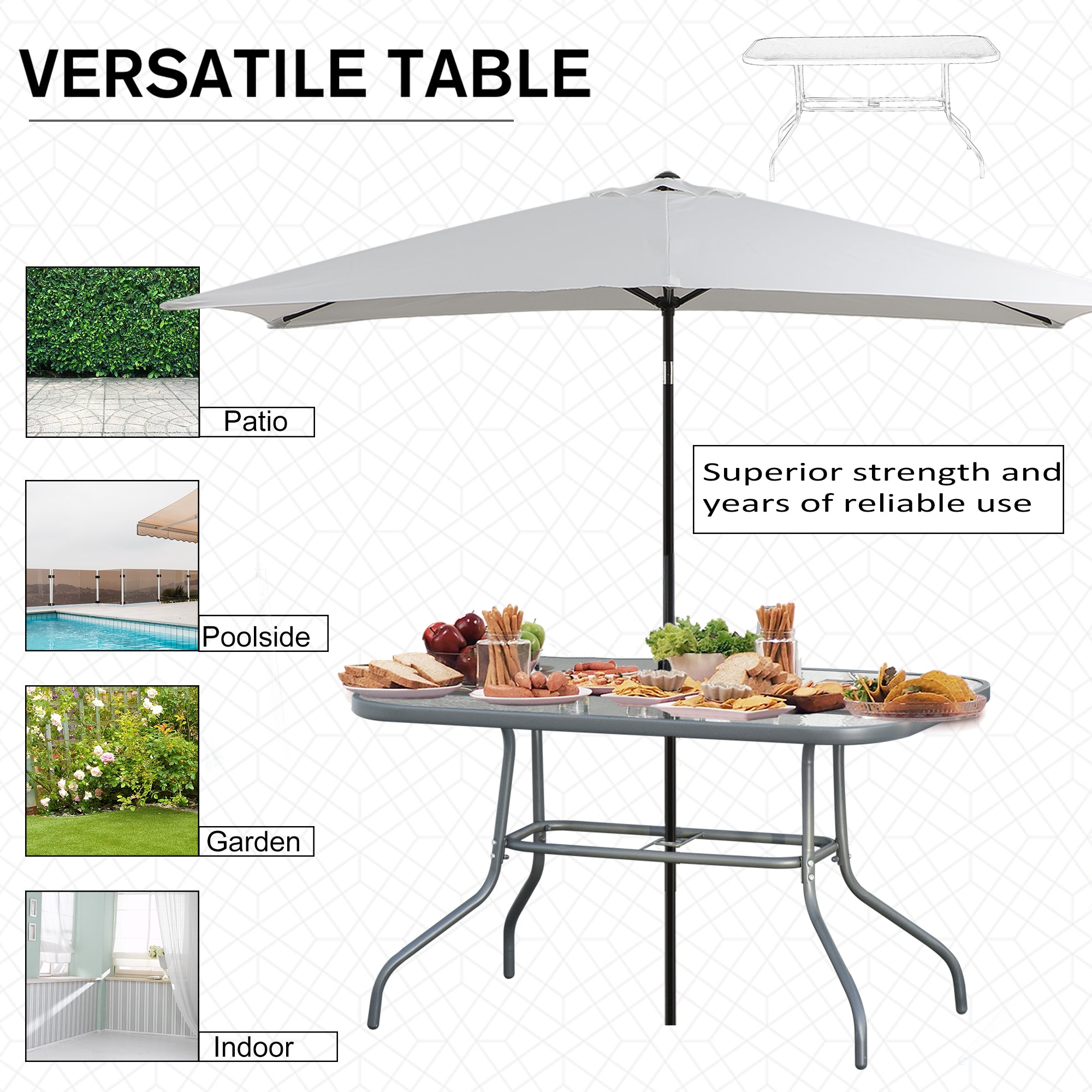 Outsunny Garden Dining Table Glass Top Metal Frame with Parasol Hole Outdoor Balcony Grey 120L x 80Wcm - North Peak Garden Furniture
