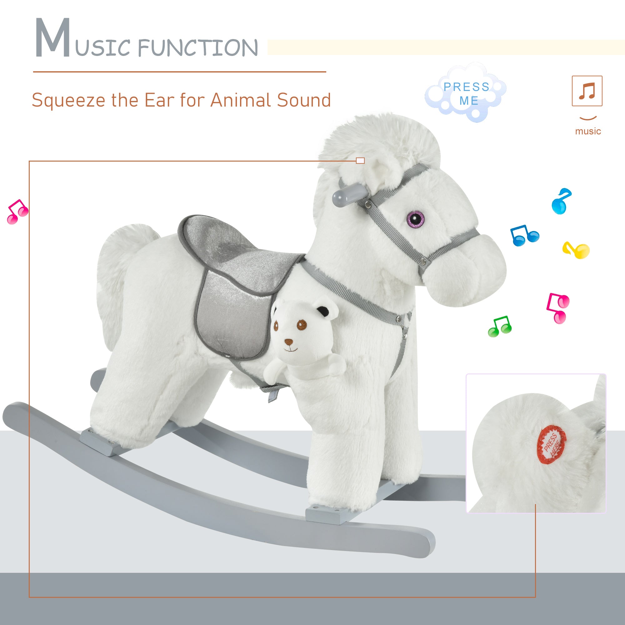 HOMCOM Kids Plush Ride-On Rocking Horse Toy Rocker with Plush Toy Realistic Sounds for Child 18-36 Months White - North Peak Garden Furniture