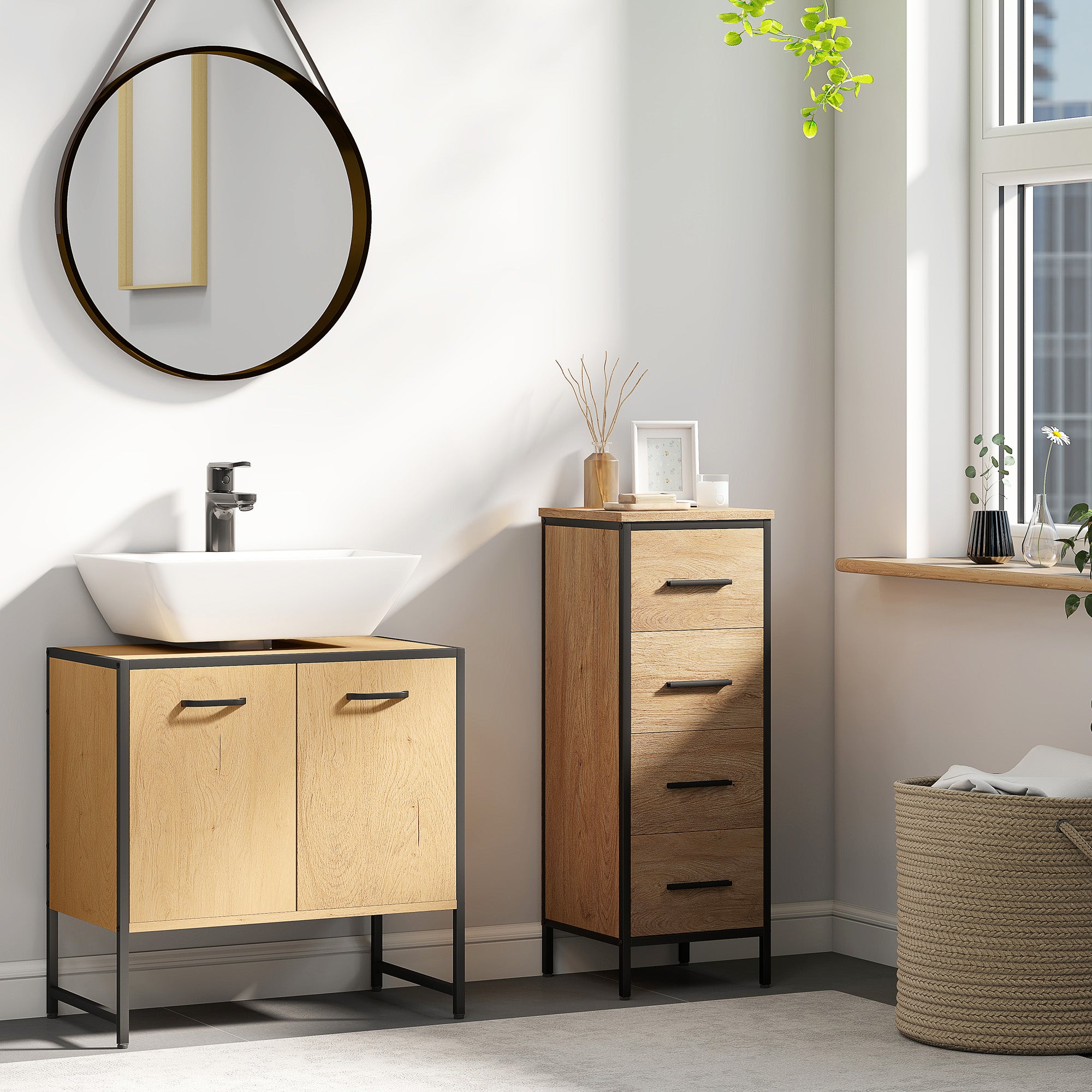 HOMCOM Bathroom Vanity Unit, Under Sink Storage Cabinet with Soft-Close Doors for Basin without or with Pedestal, Natural - North Peak Garden Furniture