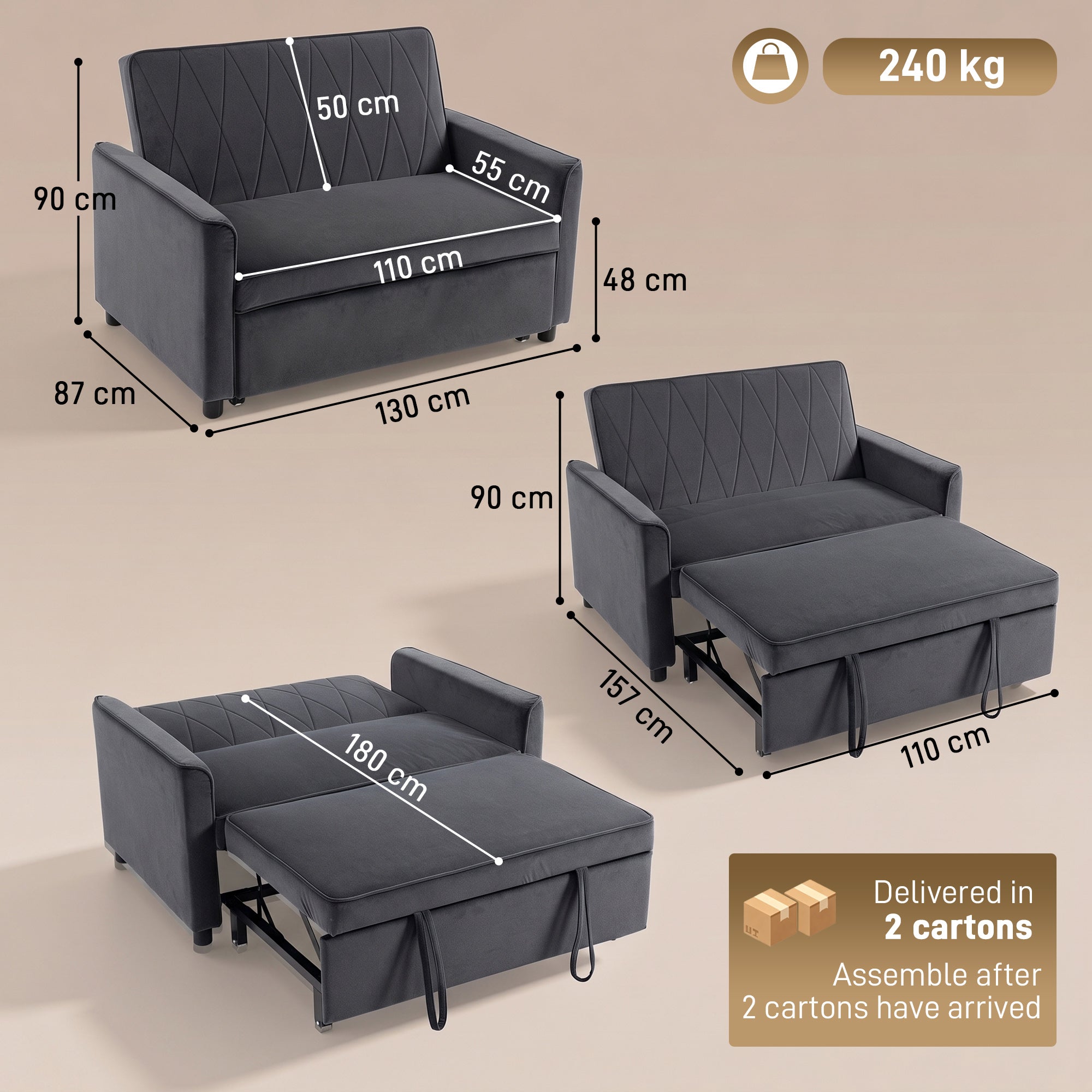 HOMCOM 2 Seater Sofa Bed, 3-in-1 Convertible Pull Out Sleeper Sofa with Click-Clack Adjustable Backrest, Dark Grey