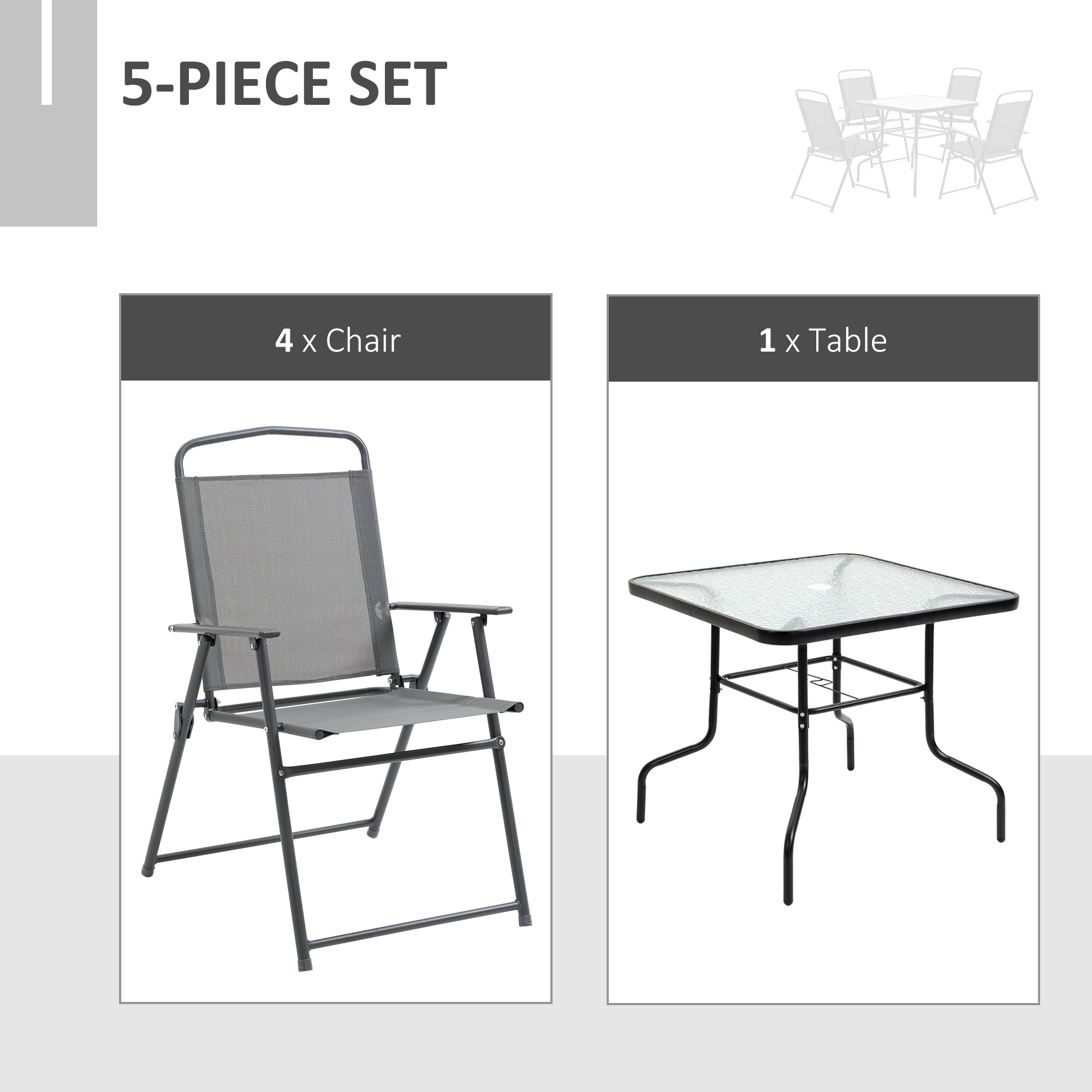 Outsunny 5 Piece Garden Dining Set Outdoor Dining Furniture 4 Folding Chairs, Glass Top Table with Parasol Hole, Texteline Seats, Black - North Peak Garden Furniture