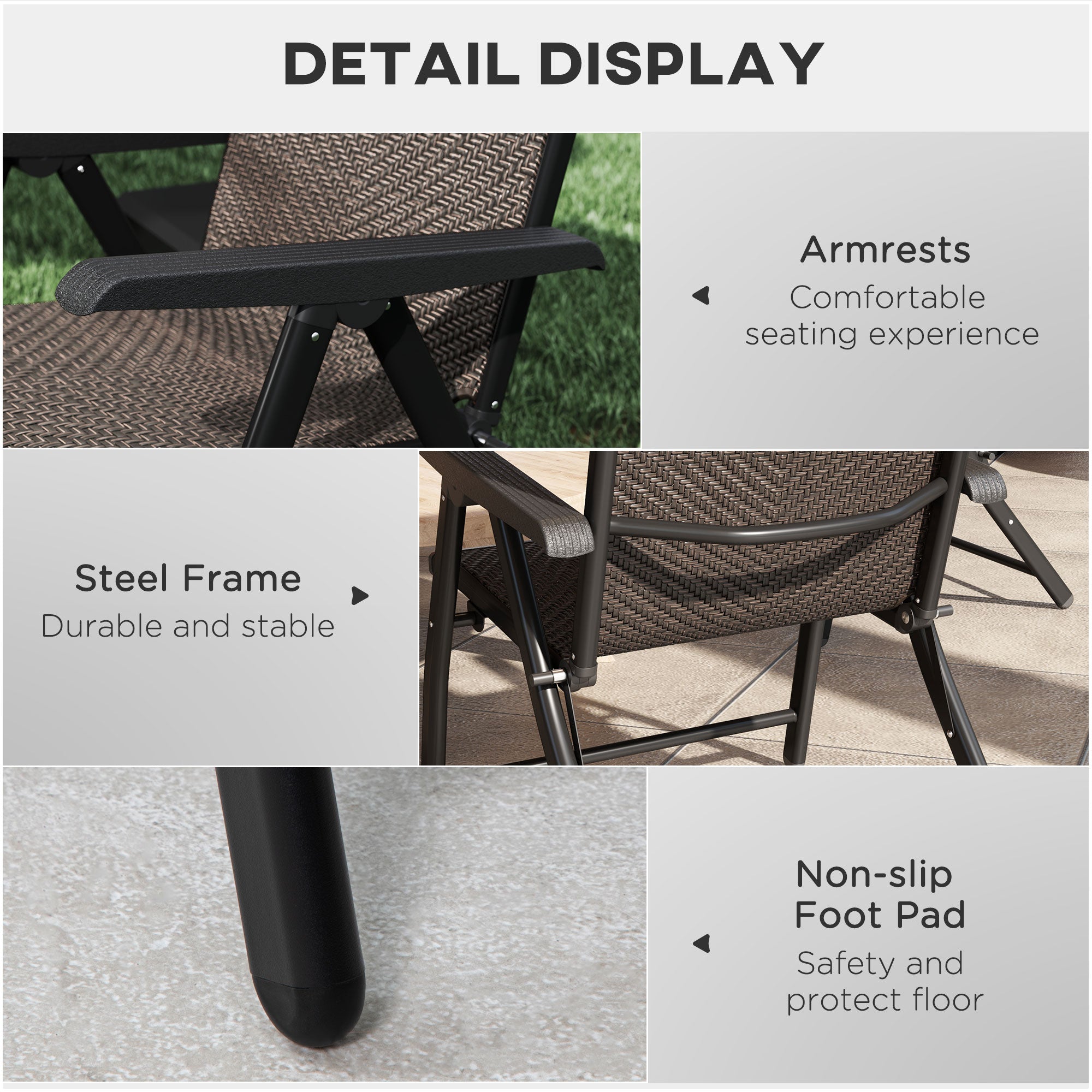 Outsunny Set of Four Folding Garden Chairs, with Seven-Position Adjustable Backs, Dark Brown - North Peak Garden Furniture