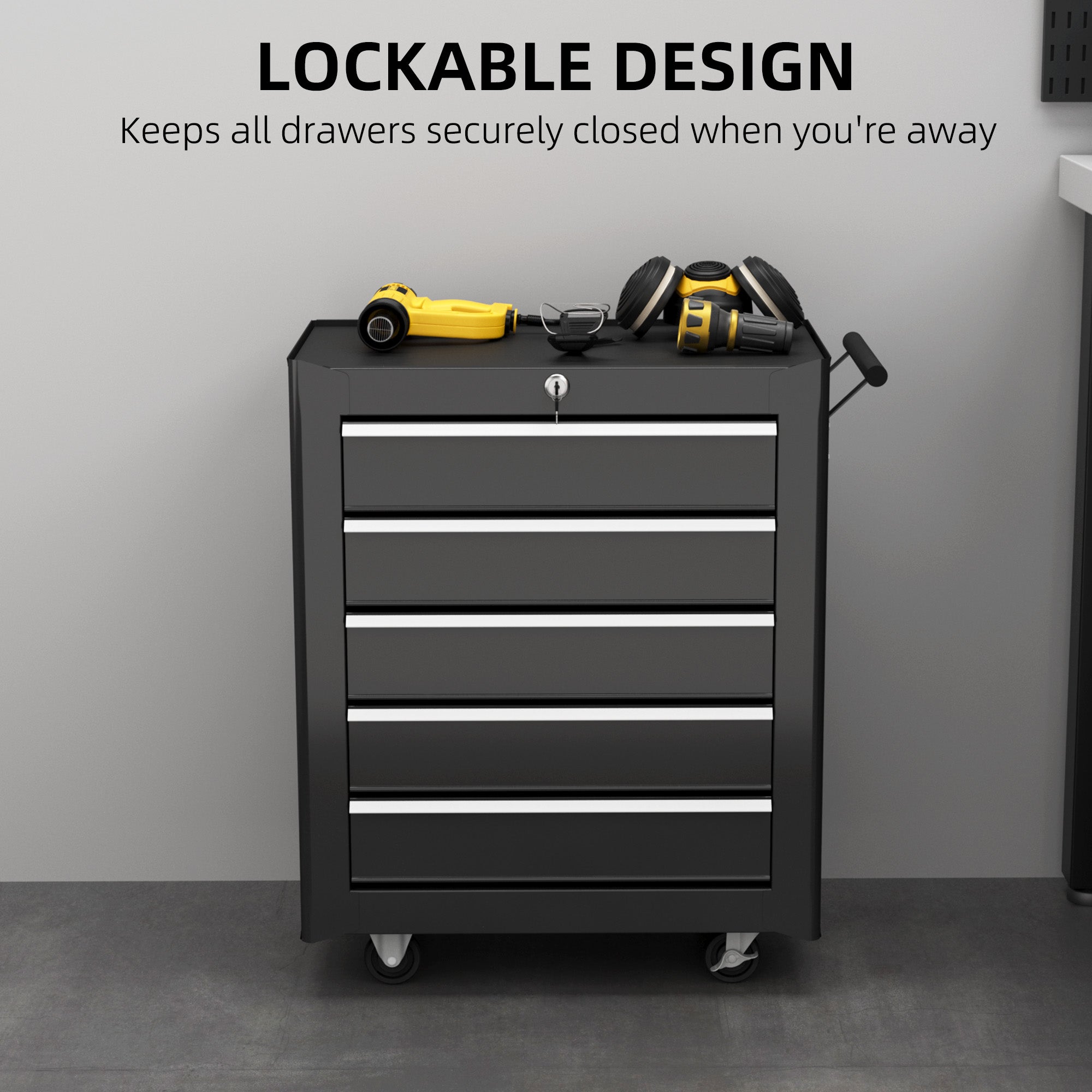 HOMCOM 5-Drawer Tool Chest with Wheels, Steel Lockable Tool Storage Cabinet with Handle, 2 Keys for Garage, Workshop, Black - North Peak Garden Furniture