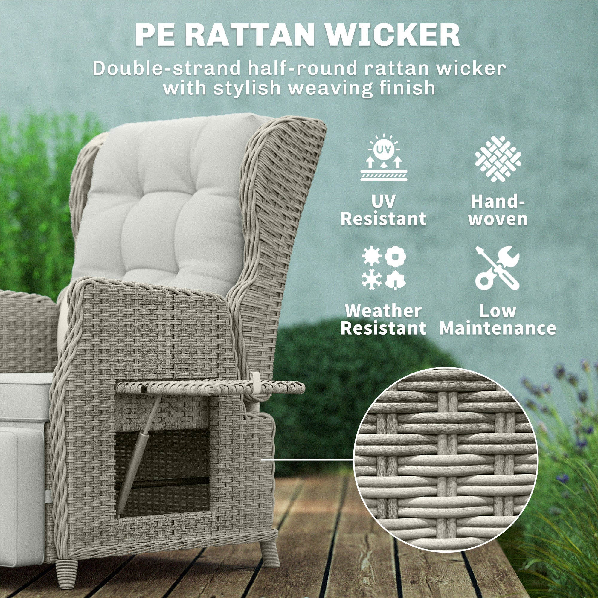 Outsunny Rattan Garden Recliner Chair, Reclining Garden Chair with Adjustable Back and Footrest, Flip Table, Cushion, Light Grey