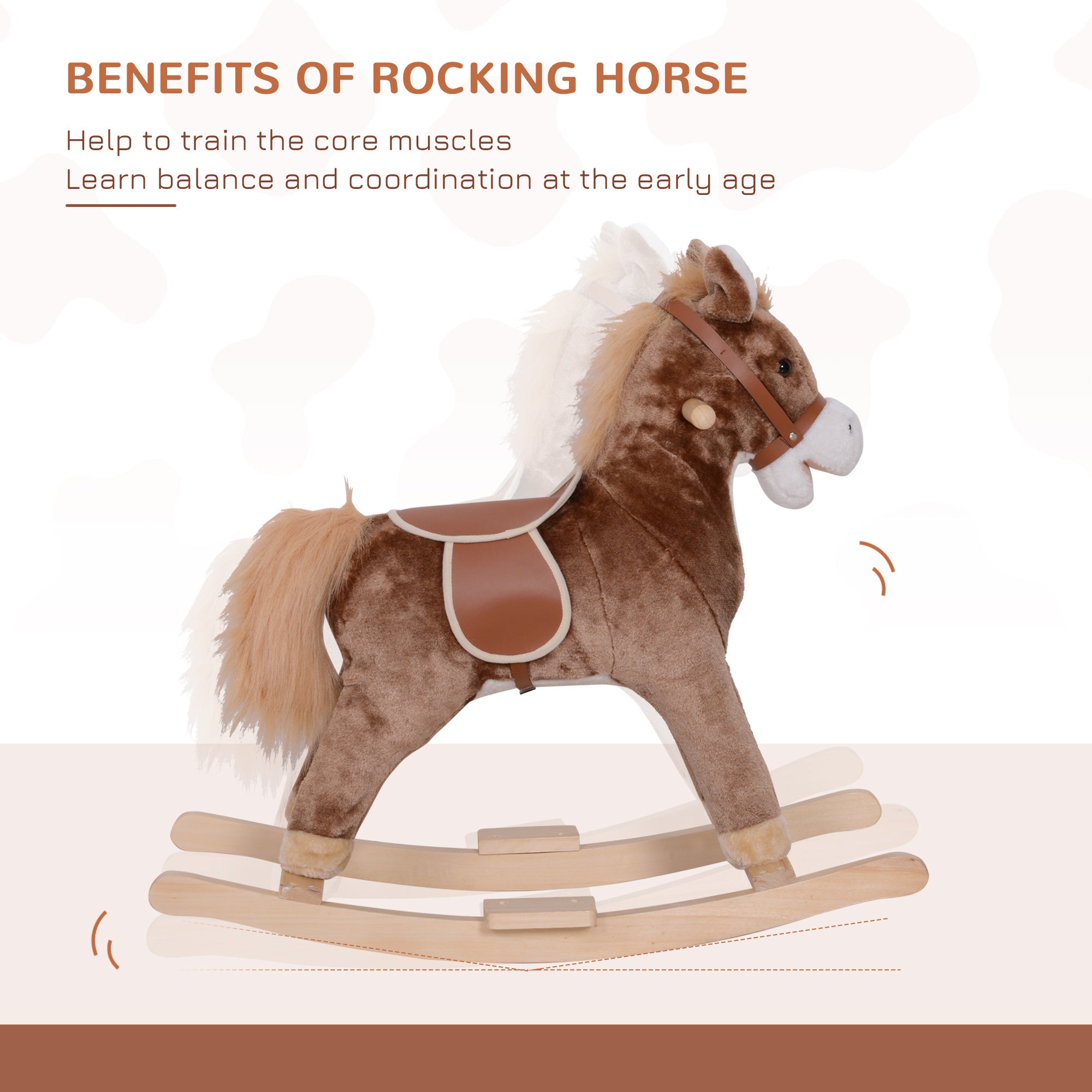 HOMCOM Kids Children Plush Rocking Horse Wooden Base Ride On Toy Rocker with Handle Grip Traditional Toy Fun Gift for Age 3+ (Brown & White) - North Peak Garden Furniture