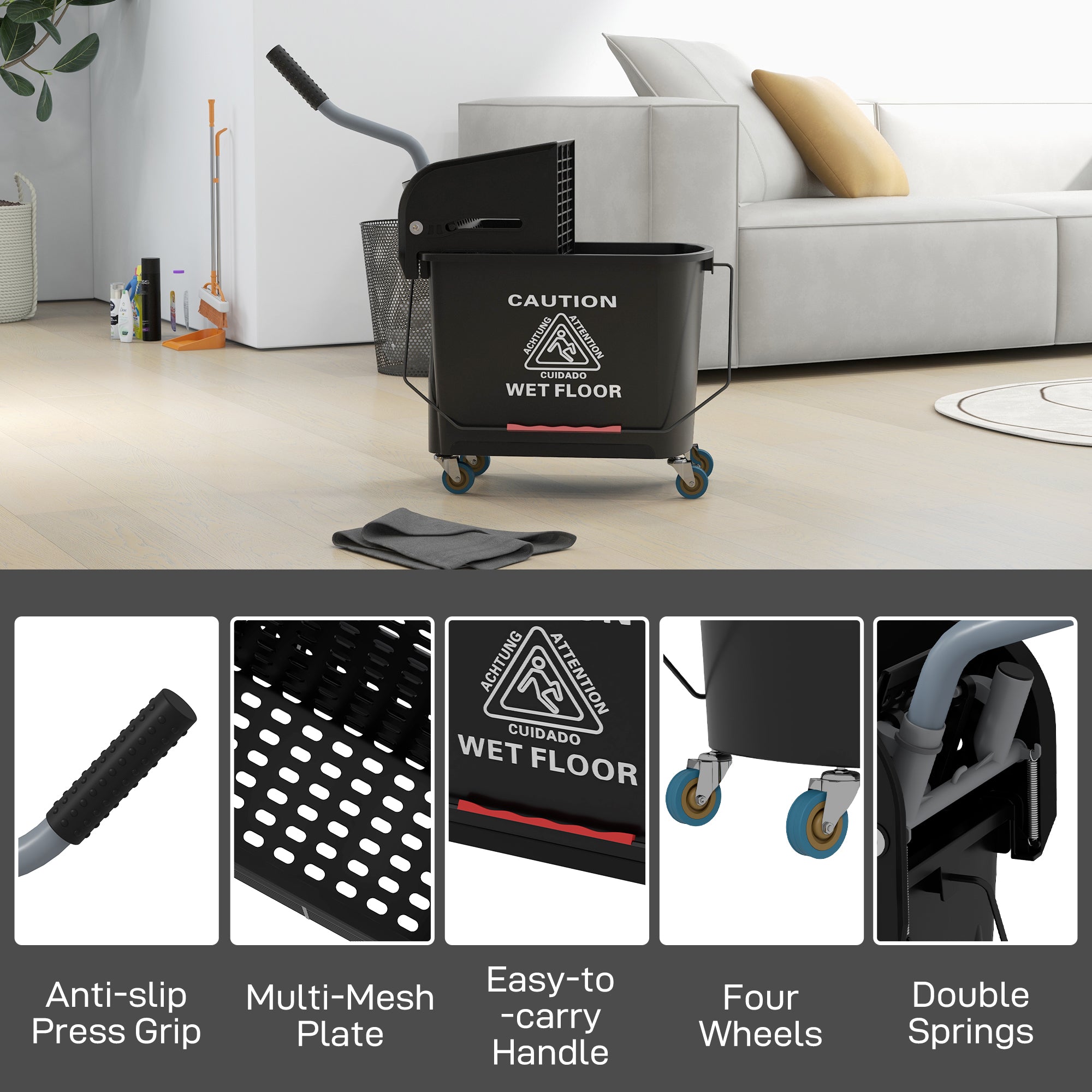 HOMCOM 20L Mop Bucket on Wheels, with Water Separation Panel - Black - North Peak Garden Furniture