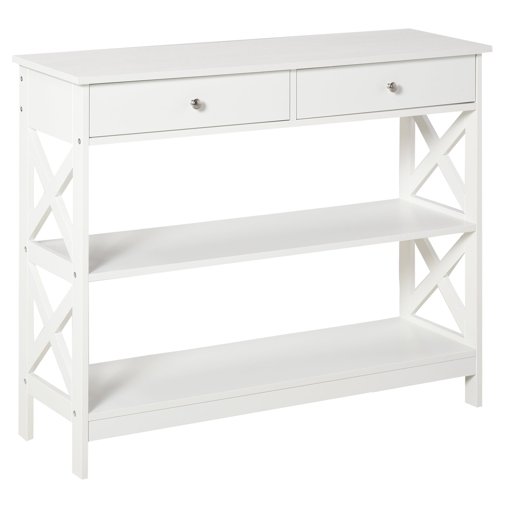HOMCOM Console Table Side Desk w/ Shelves Drawers Open Top X Support Frame Living Room Hallway Home Office Furniture White - North Peak Garden Furniture