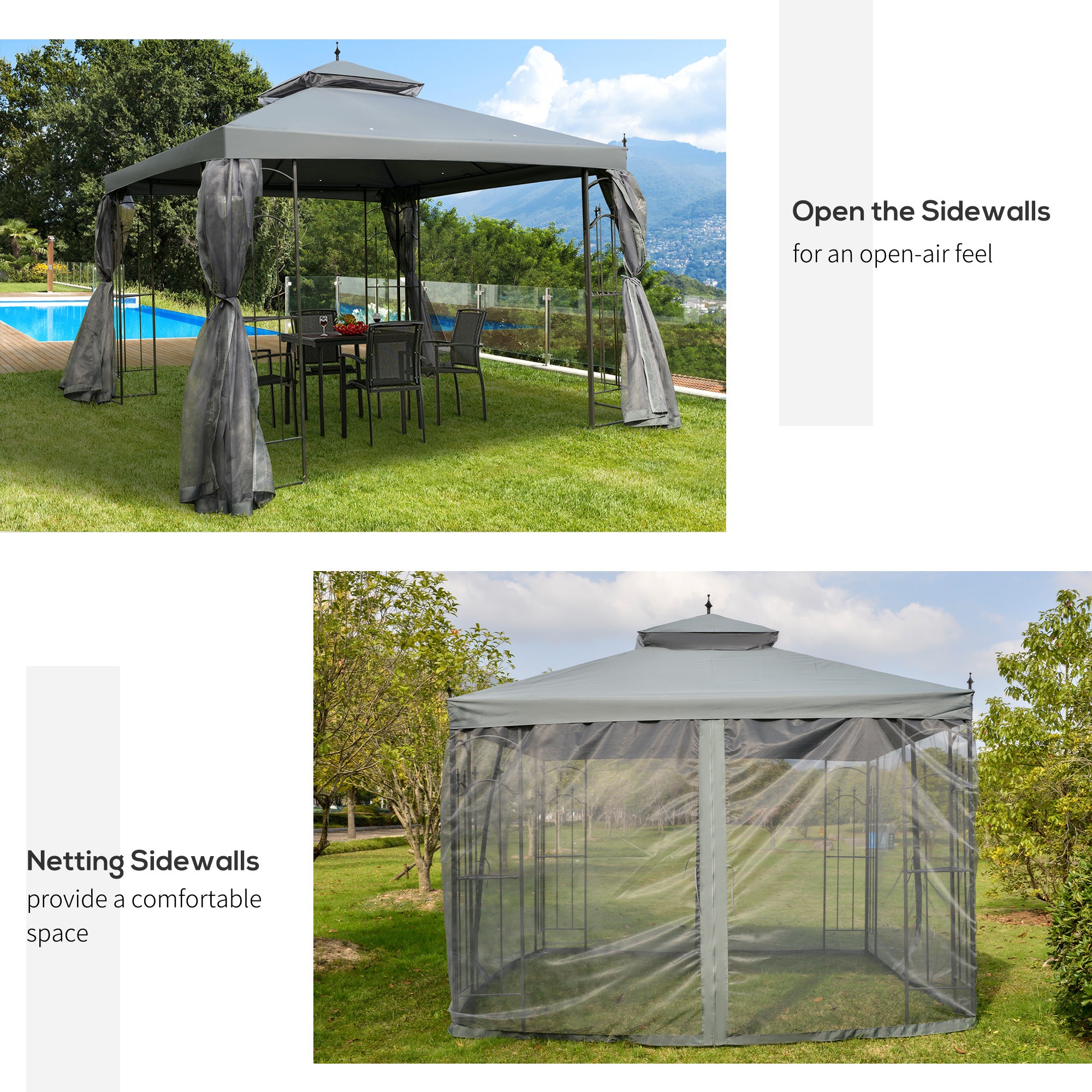Outsunny 3(M)x3(M) Garden Gazebo Double Top Outdoor Canopy Patio Event Party Wedding Tent Backyard Sun Shade with Netting - Grey - North Peak Garden Furniture
