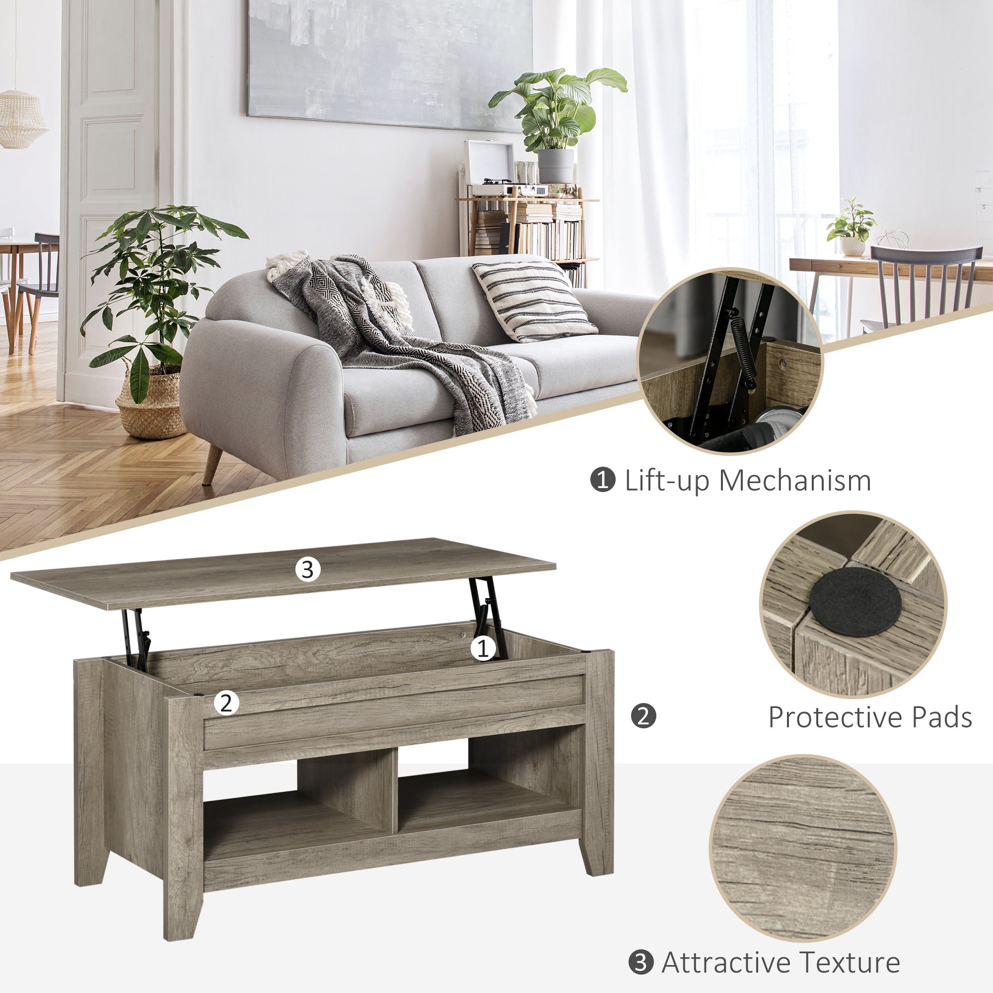 HOMCOM Lift Top Coffee Table w/ Hidden Storage Compartment Open Shelves Lift Tabletop Pop Up Centre Table for Living Room Oak Effect - North Peak Garden Furniture