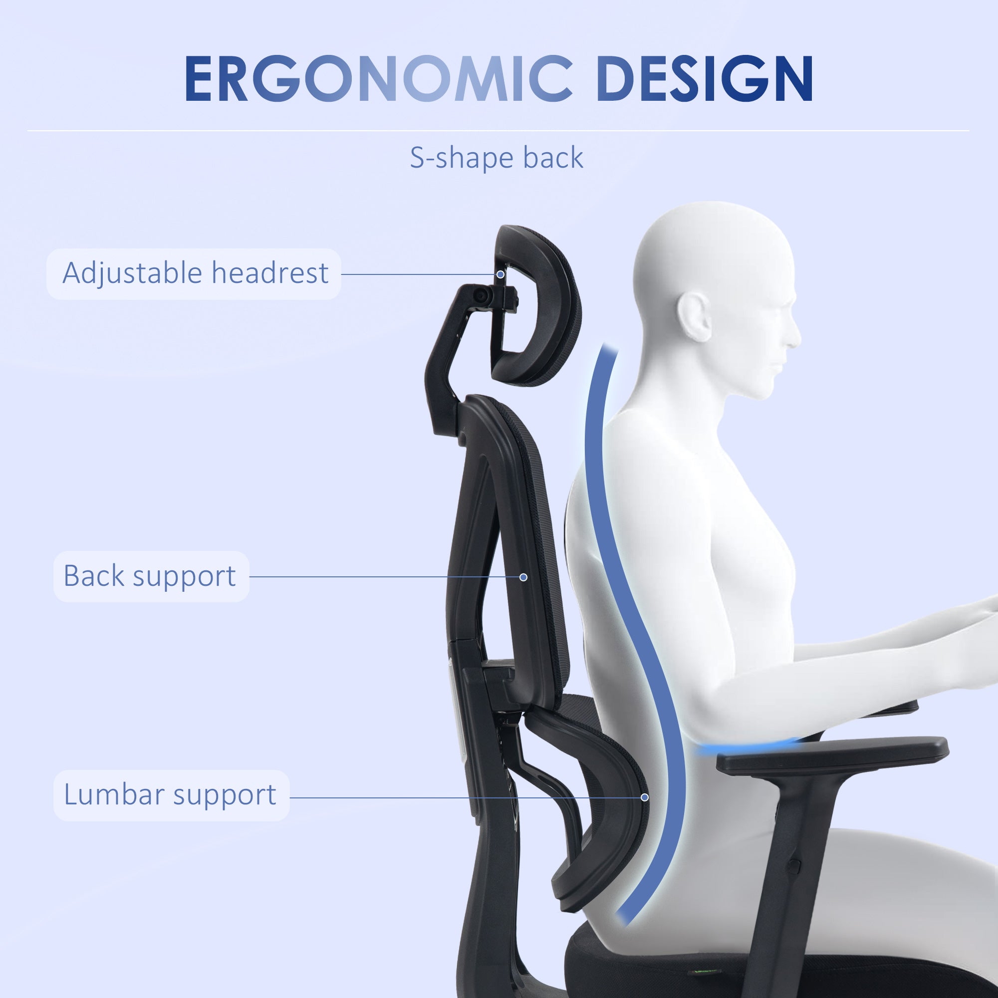 Vinsetto Mesh Office Chair, Height Adjustable Desk Chair with Lumbar Support, Swivel Wheels and Adjustable Headrest, Black - North Peak Garden Furniture