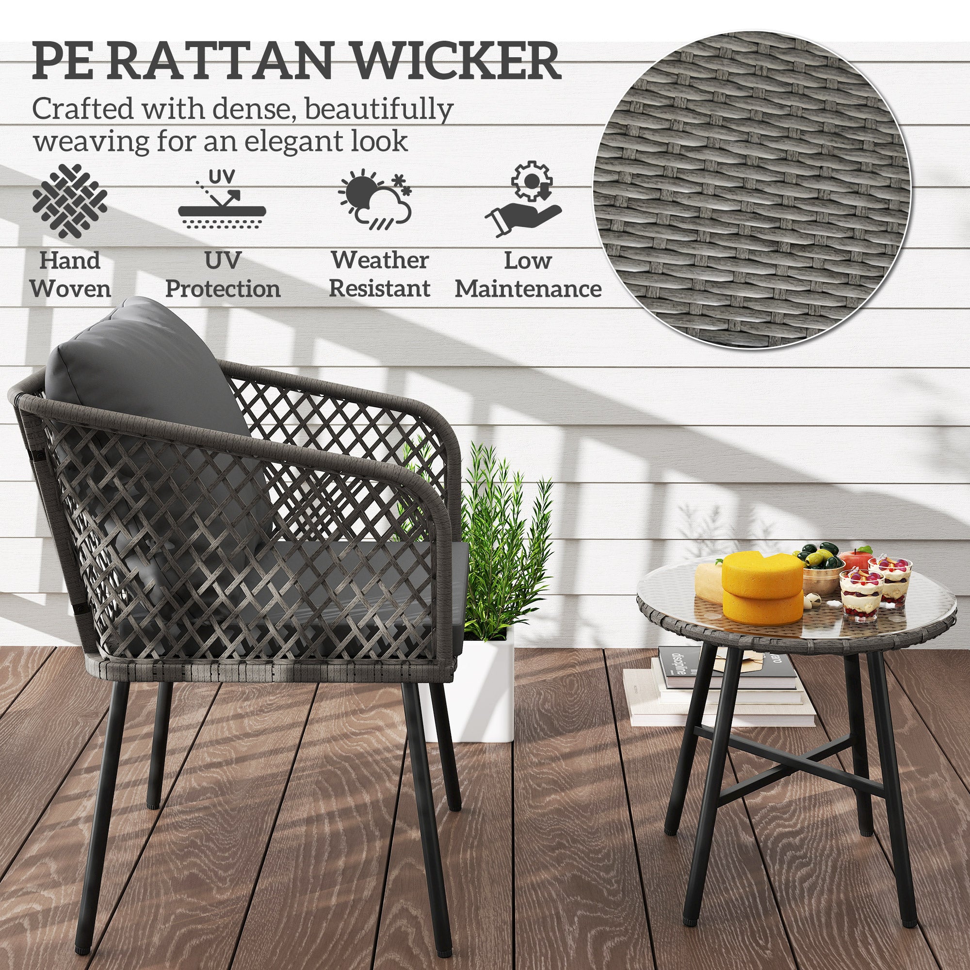 Outsunny Three-Piece Cut-Out Rattan Chair and Table Set - Grey - North Peak Garden Furniture