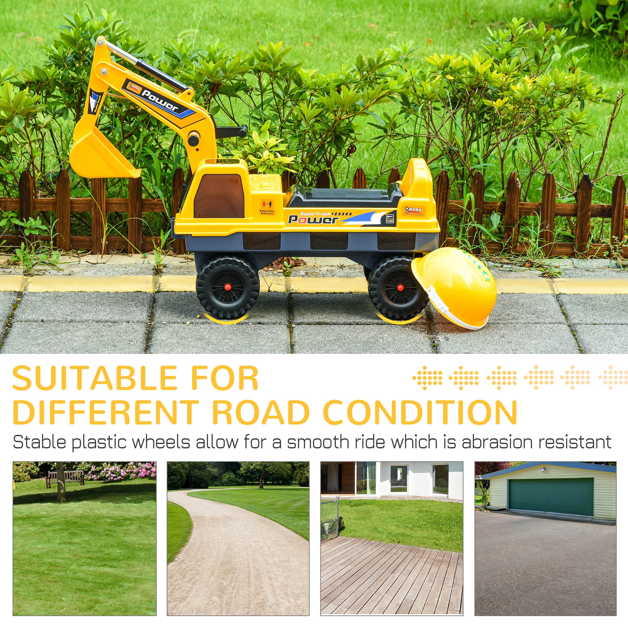 HOMCOM 2 in 1 Ride on Excavator Digger No Power Detachable Digging Bucket and Grab Bucket Music Light for 2-3 Years Old - North Peak Garden Furniture