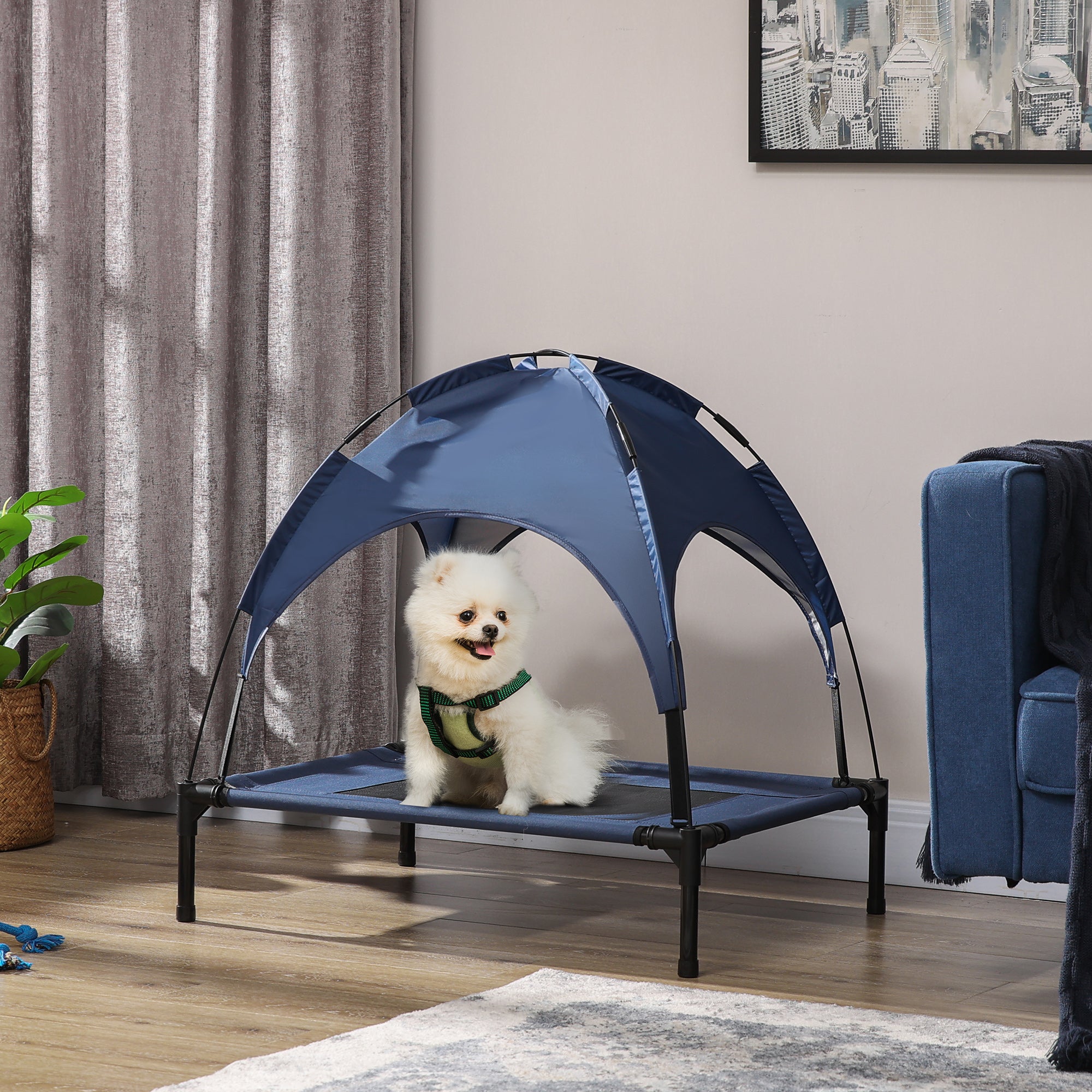 PawHut Raised Dog Bed Waterproof Elevated Pet Cot with Breathable Mesh UV Protection Canopy Blue, for Medium Dogs, 76 x 61 x 73cm - North Peak Garden Furniture