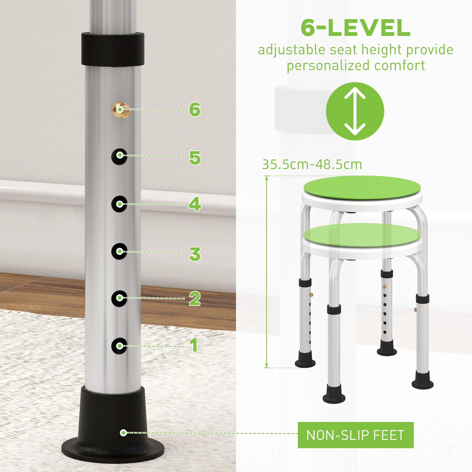 HOMCOM 360° Swivel Shower Chair, Height Adjustable Aluminium Shower Stool with Non-Slip Feet for Disabled, Elderly, Green - North Peak Garden Furniture
