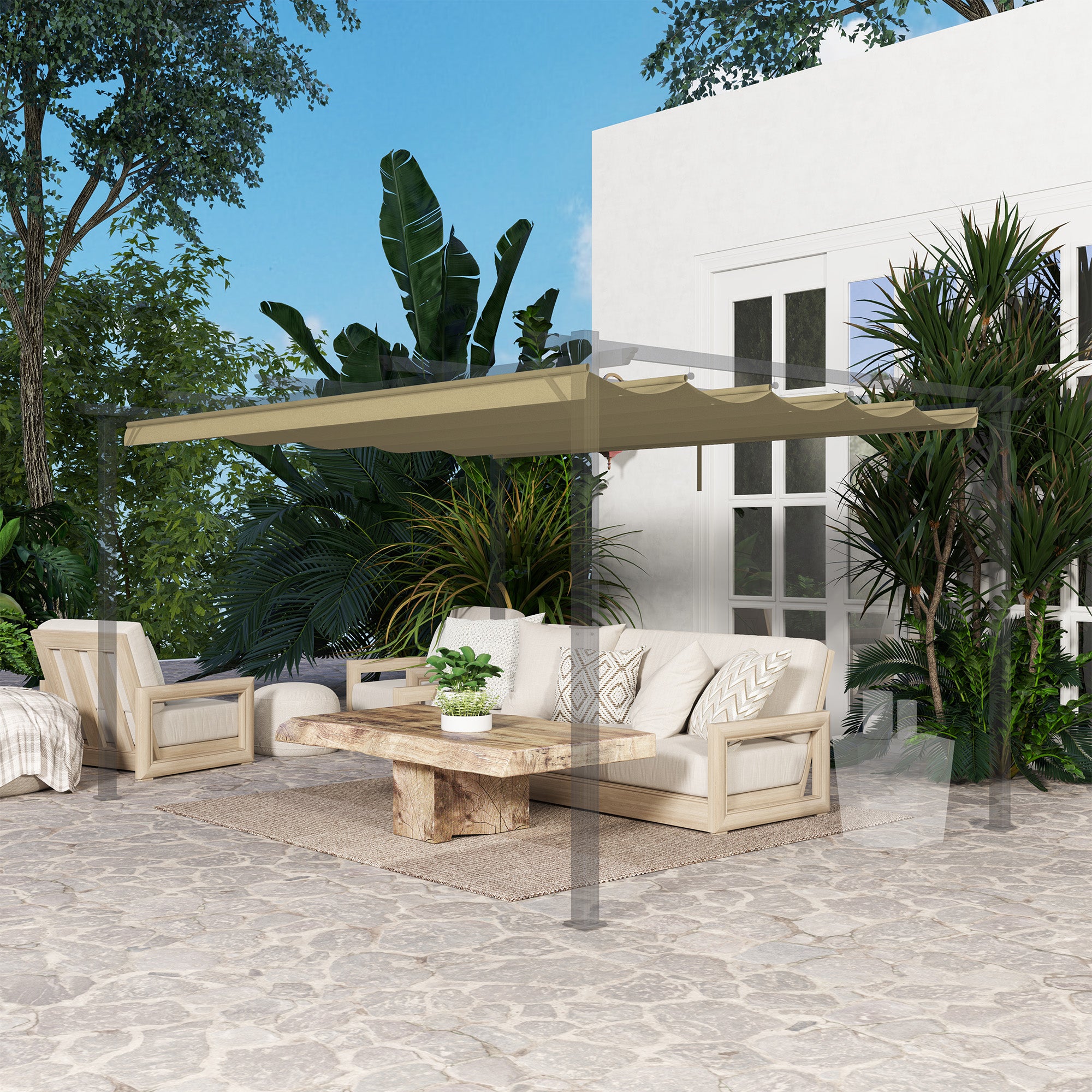 Outsunny Retractable Pergola Shade Cover, Replacement Canopy for 4 x 3 (m) Pergola, Retractable Roof, Tan - North Peak Garden Furniture
