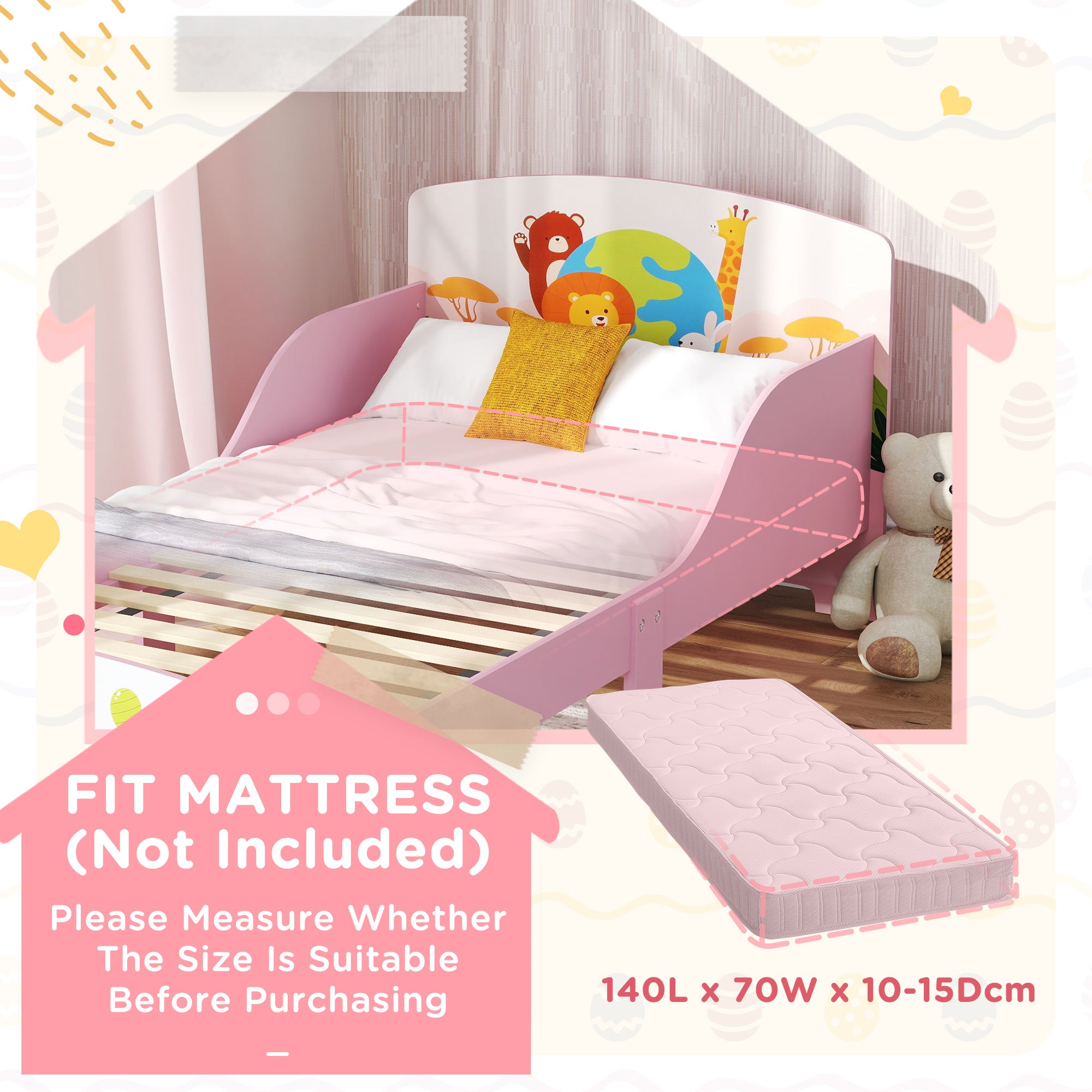 AIYAPLAY Cute Animal-Themed Toddler Bed w/ Safety Rails, 143 x 77 x 60cm - North Peak Garden Furniture
