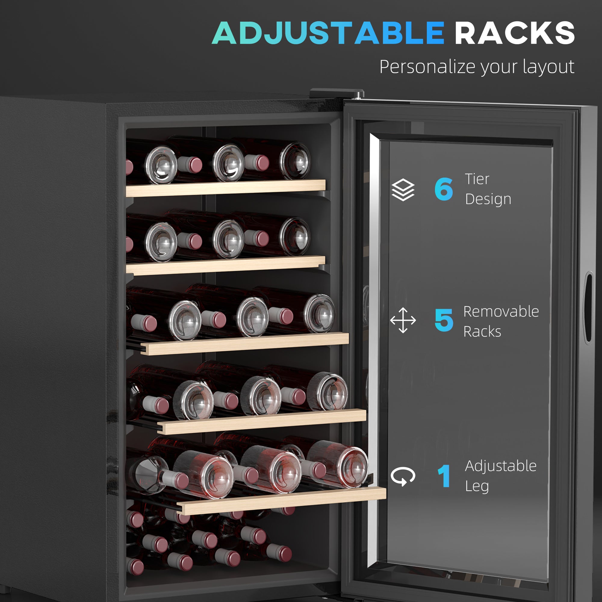 HOMCOM 41 Bottle Wine Fridge, 91 Litre Capacity, 45cm Wine Cooler Fridge with Glass Door, LED Light, Digital Touch Screen, Temperature Control, Freestanding Wine Refrigerator, Black - North Peak Garden Furniture