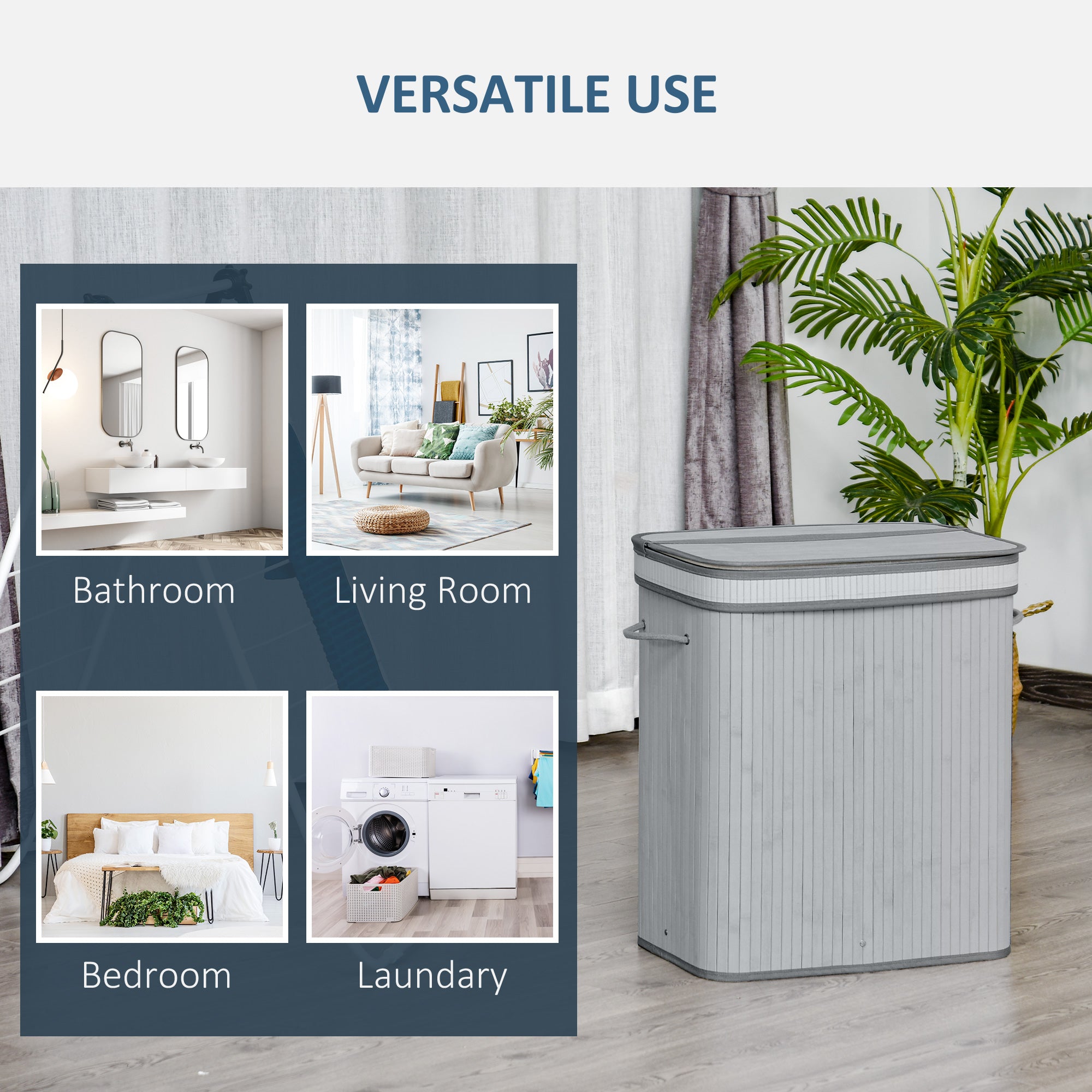 HOMCOM 100L Natural Wood Laundry Basket A Compartment w/Flip Lid Removable Lining Handles Board Base Foldable Durable Water-Resistant Dirty Clothes Storage Home Organisation Grey - North Peak Garden Furniture