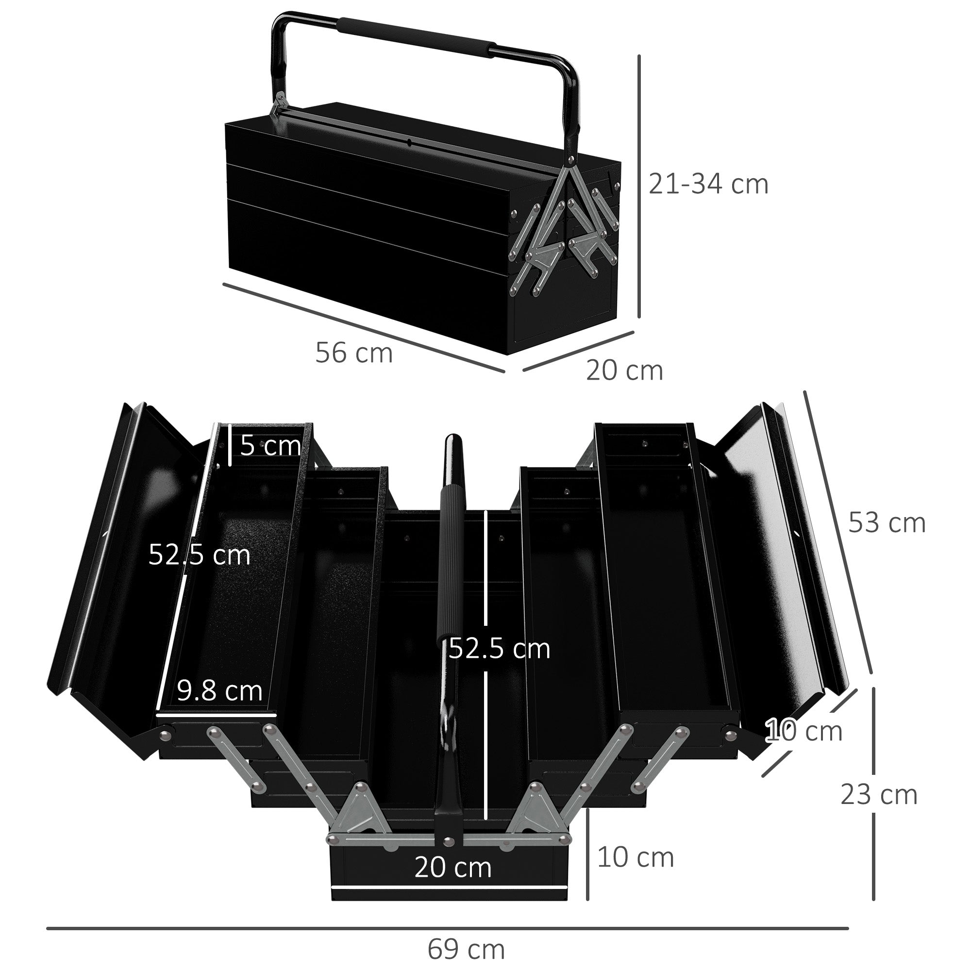 DURHAND 3 Tier Metal Toolbox, 5 Tray Professional Portable Tool Box with Carry Handle for Workshop, 56cmx20cmx34cm, Black