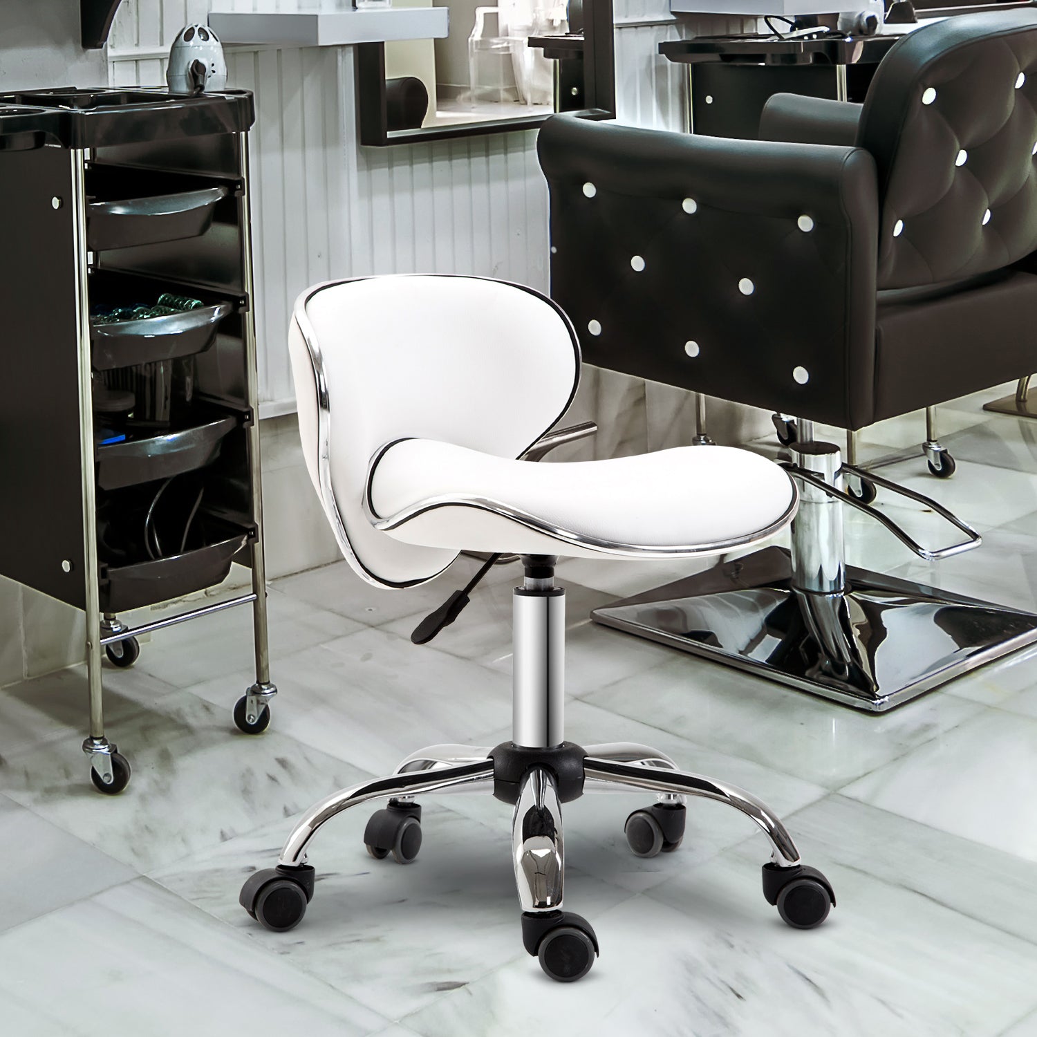 HOMCOM Adjustable Rolling Swivel Beauty Salon Chair, Stool for Spa, Technician - White - North Peak Garden Furniture