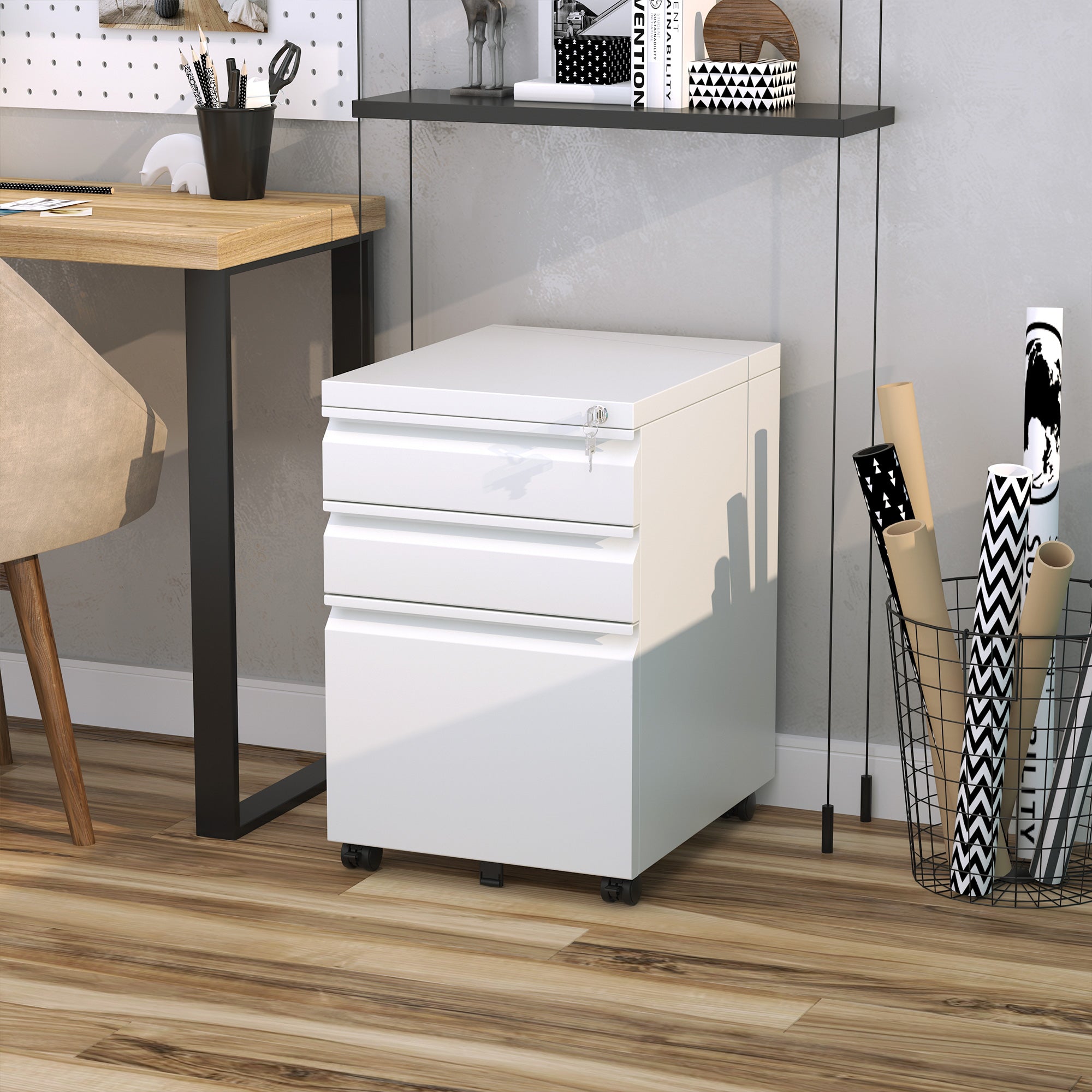 Vinsetto 3 Drawer Filling Cabinet, Mobile Metal File Cabinet with Anti-tilt Design for Letter, A4, Legal Size, White - North Peak Garden Furniture