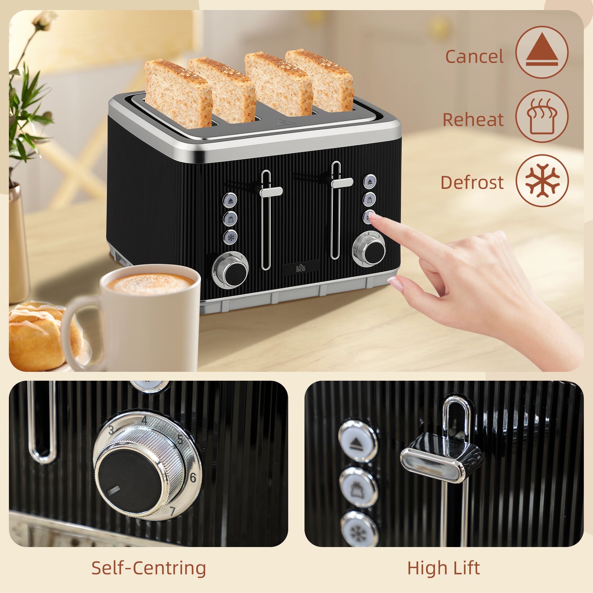 HOMCOM Electric Kettle and Toaster Set, 3000W 1.7L UK Strix Thermostat Rapid Boil Jug Kettle with Limescale Filter, Cool Touch Body, 4 Slice Toaster with 7 Browning Controls, Crumb Tray, Black