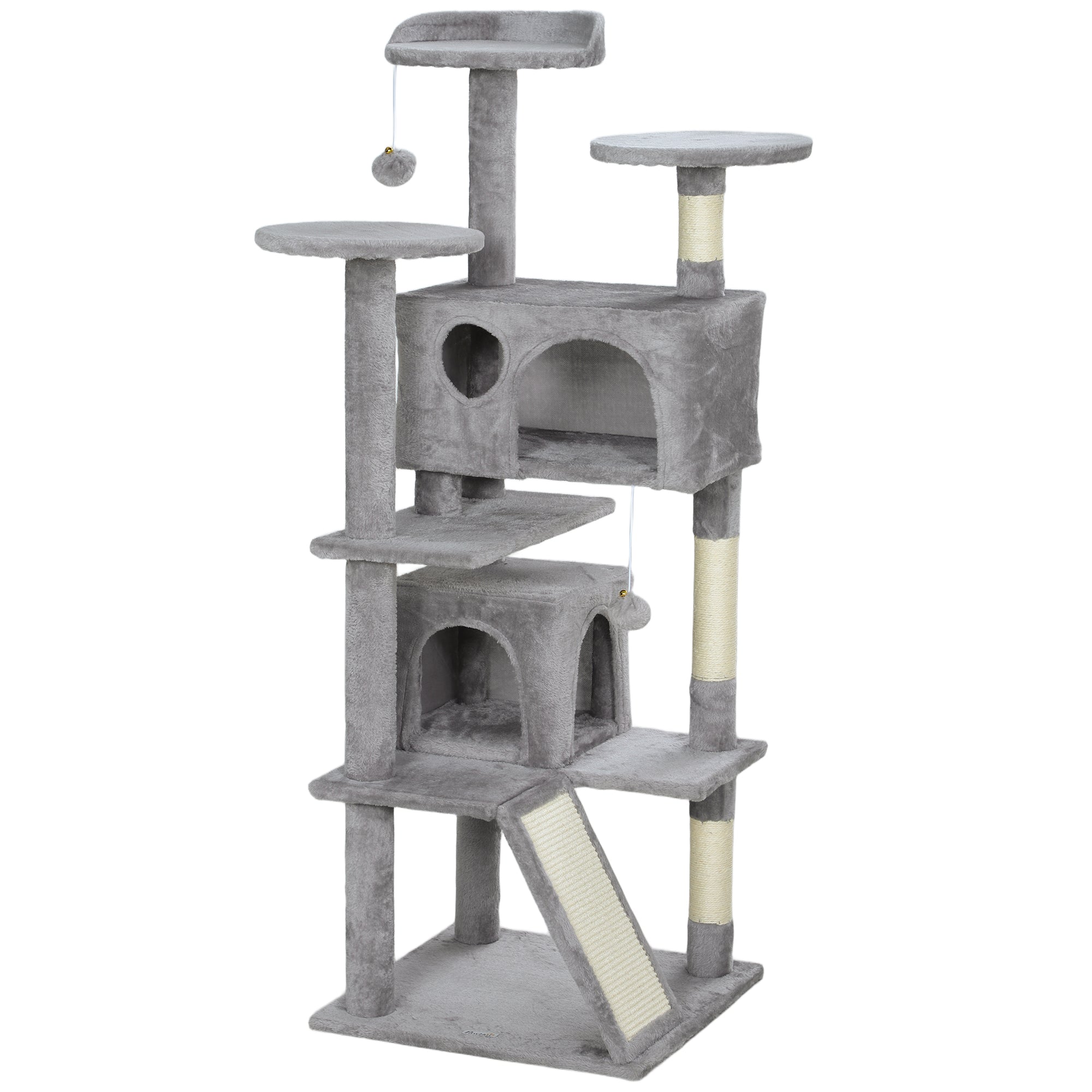 PawHut 138cm Cat Tree, Multi-Level Cat Tower with Scratching Posts and Pad, Bed, Condos, Platforms, Toy Balls, Light Grey - North Peak Garden Furniture