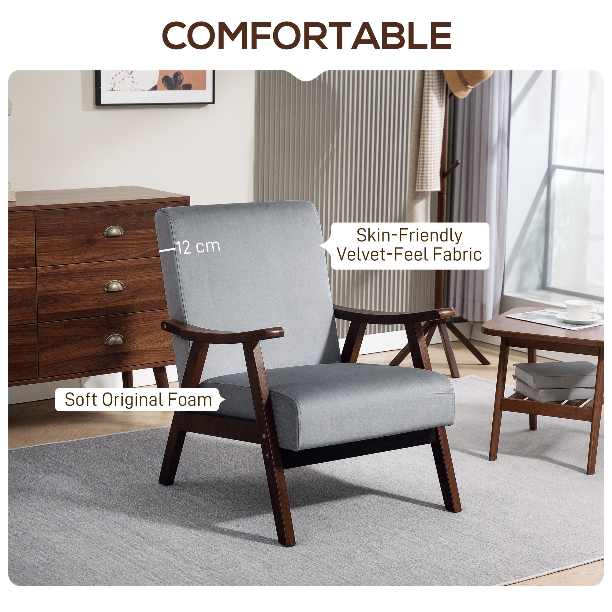HOMCOM Nordic Accent Chair, Upholstered Velvet Armchair with Solid Wood Frame and Soft Thick Padded for Living Room, Bedroom, Grey - North Peak Garden Furniture