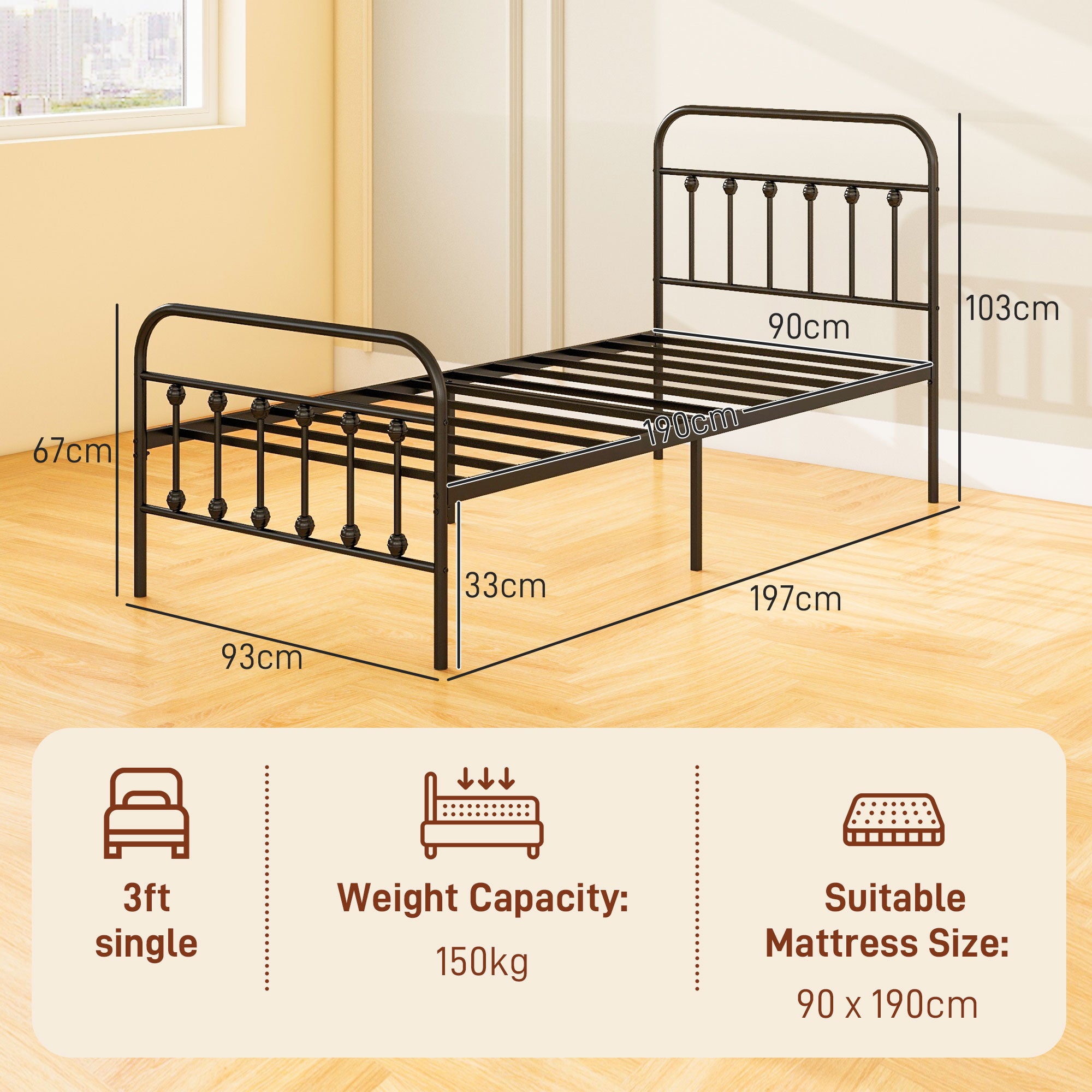 HOMCOM Single Minimalistic Metal Bed Frame - Black - North Peak Garden Furniture