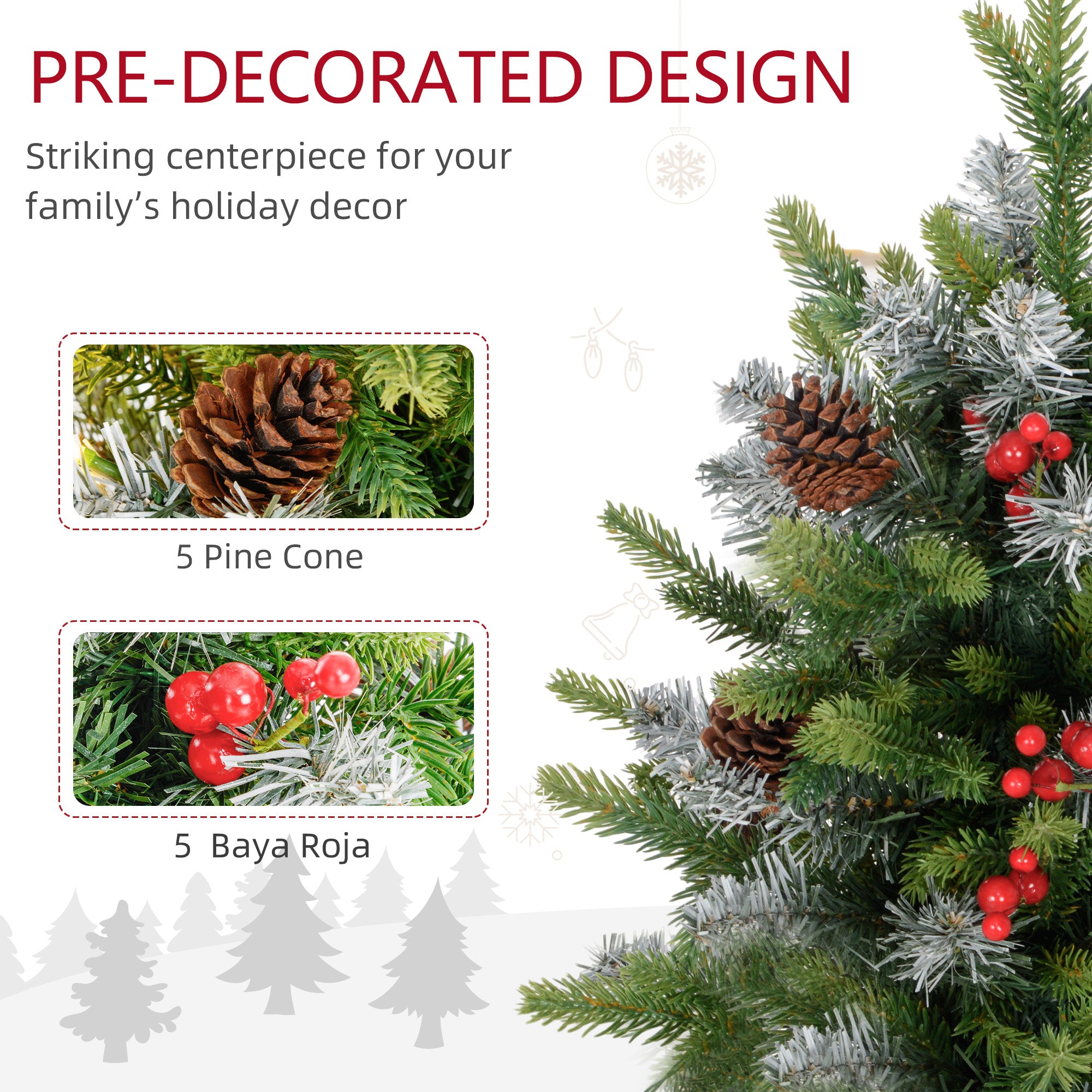 HOMCOM Set of Two 2ft Christmas Trees, with Lights, Berries and Pinecones - North Peak Garden Furniture