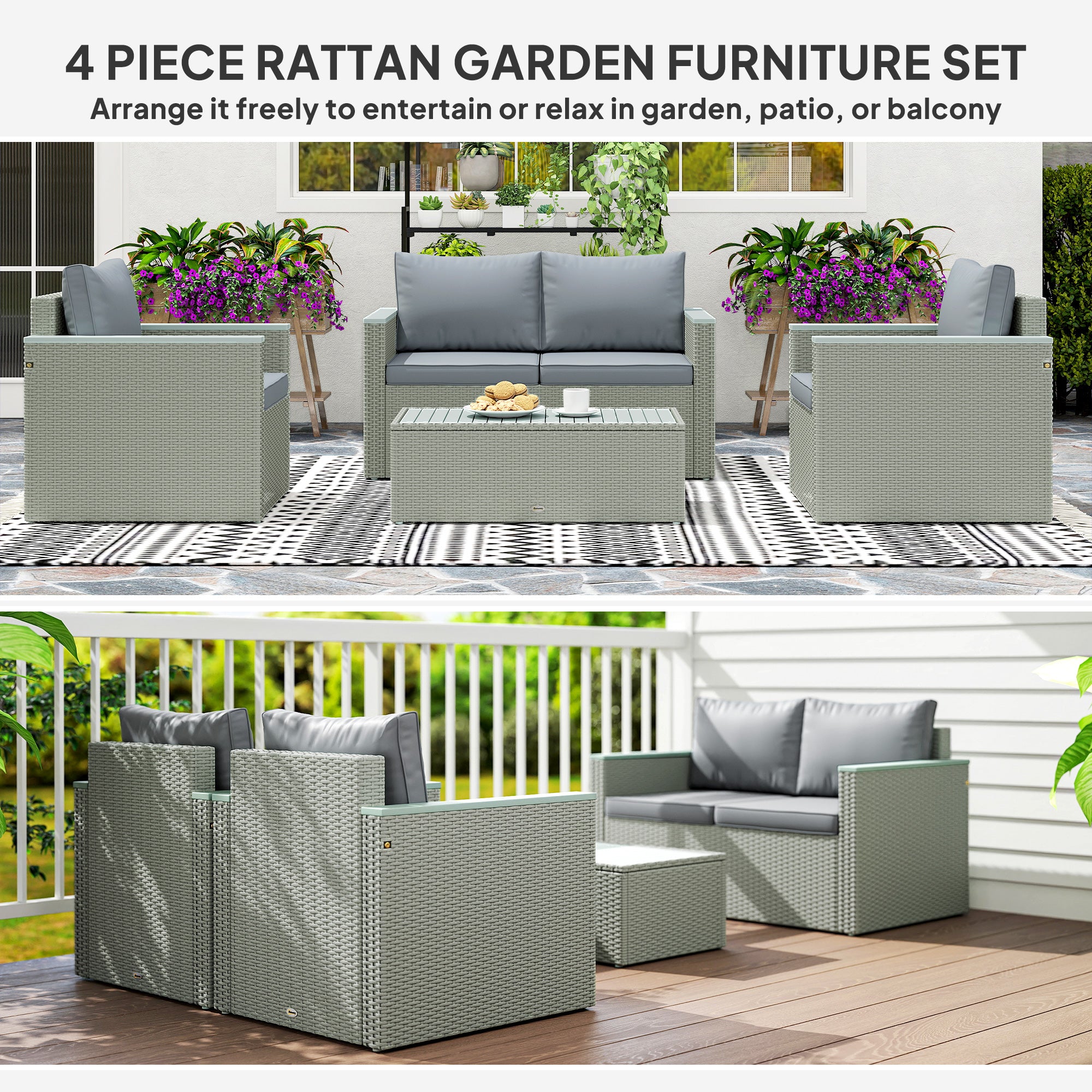 Outsunny 4 Piece Rattan Garden Furniture Set, 4 Seater Wicker Outdoor Sofa Set with 2 Armchairs, Loveseat, Acacia Wood Top Coffee Table, Cushions, Patio Conservatory Set for Balcony, Light Grey - North Peak Garden Furniture