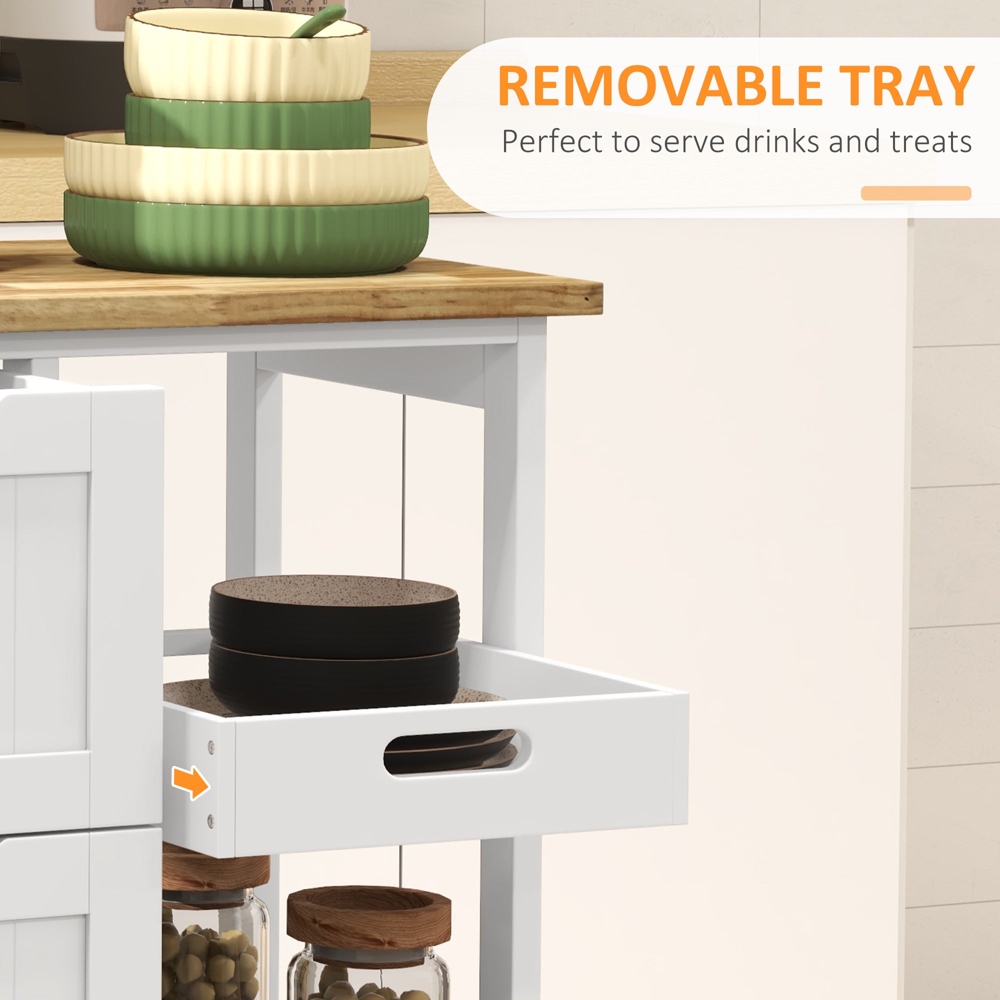 HOMCOM Rolling Kitchen Island Cart, Bar Serving Cart, Compact Trolley on Wheels with Wood Top, Shelves & Drawers for Home Dining Area, White - North Peak Garden Furniture