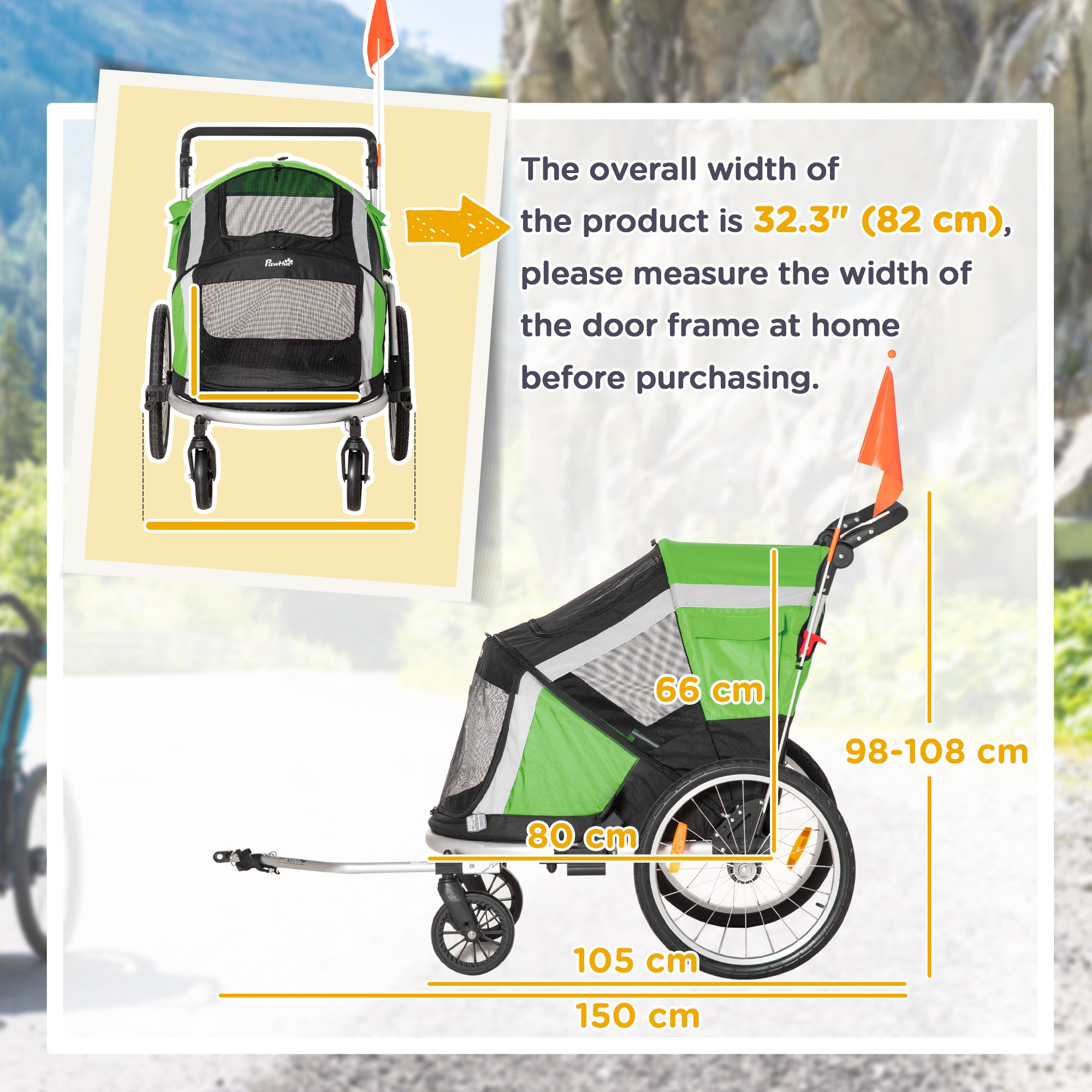 PawHut Dog Bike Trailer 2-in-1 Pet Stroller for Large Dogs Cart Foldable Bicycle Carrier Aluminium Frame with Safety Leash Hitch Coupler Reflector Flag Green