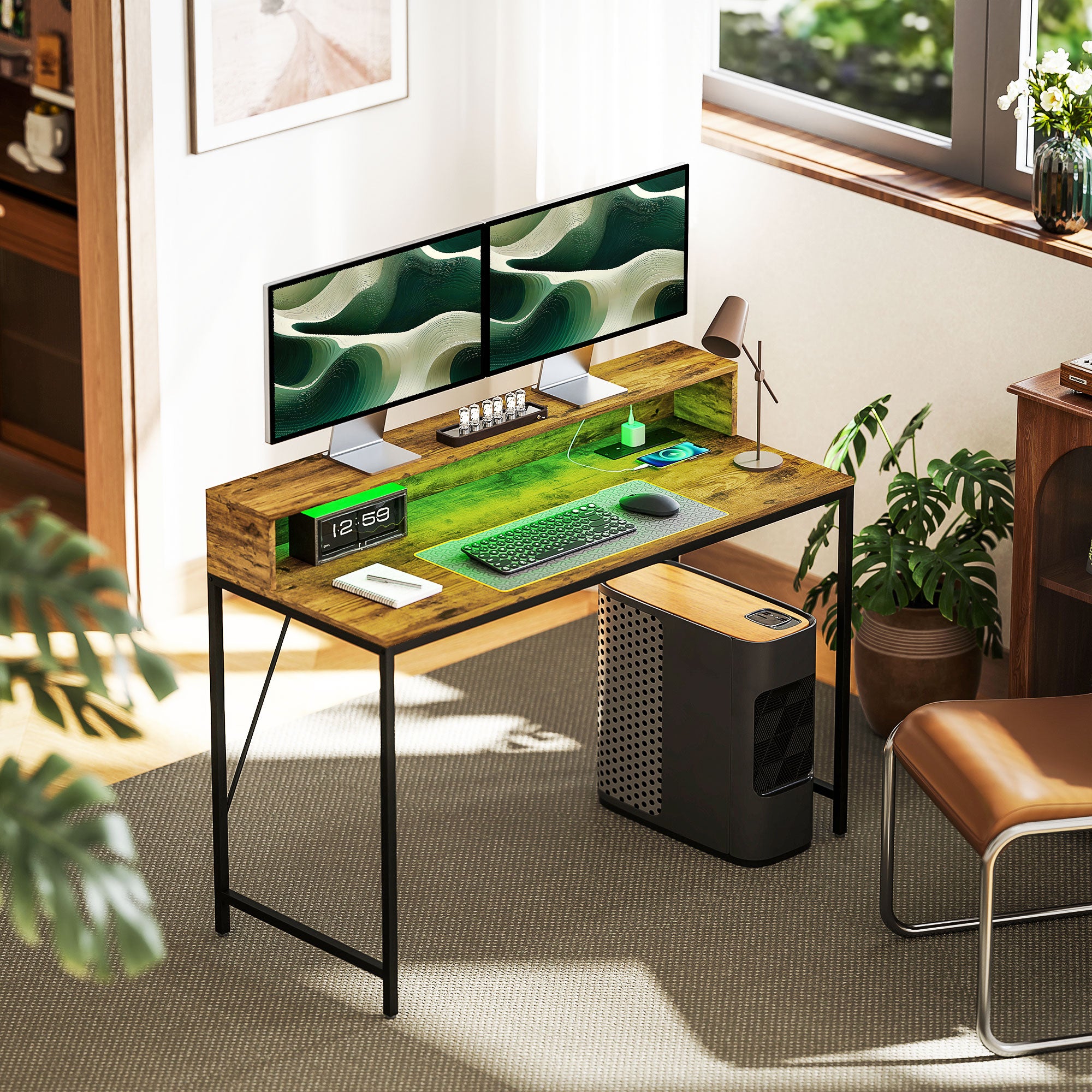 HOMCOM 120cm Computer Desk with LED Lights and Power Outlets, Gaming Desk with Monitor Stand, Computer Table with Remote for Home Office Study, Rustic Brown - North Peak Garden Furniture
