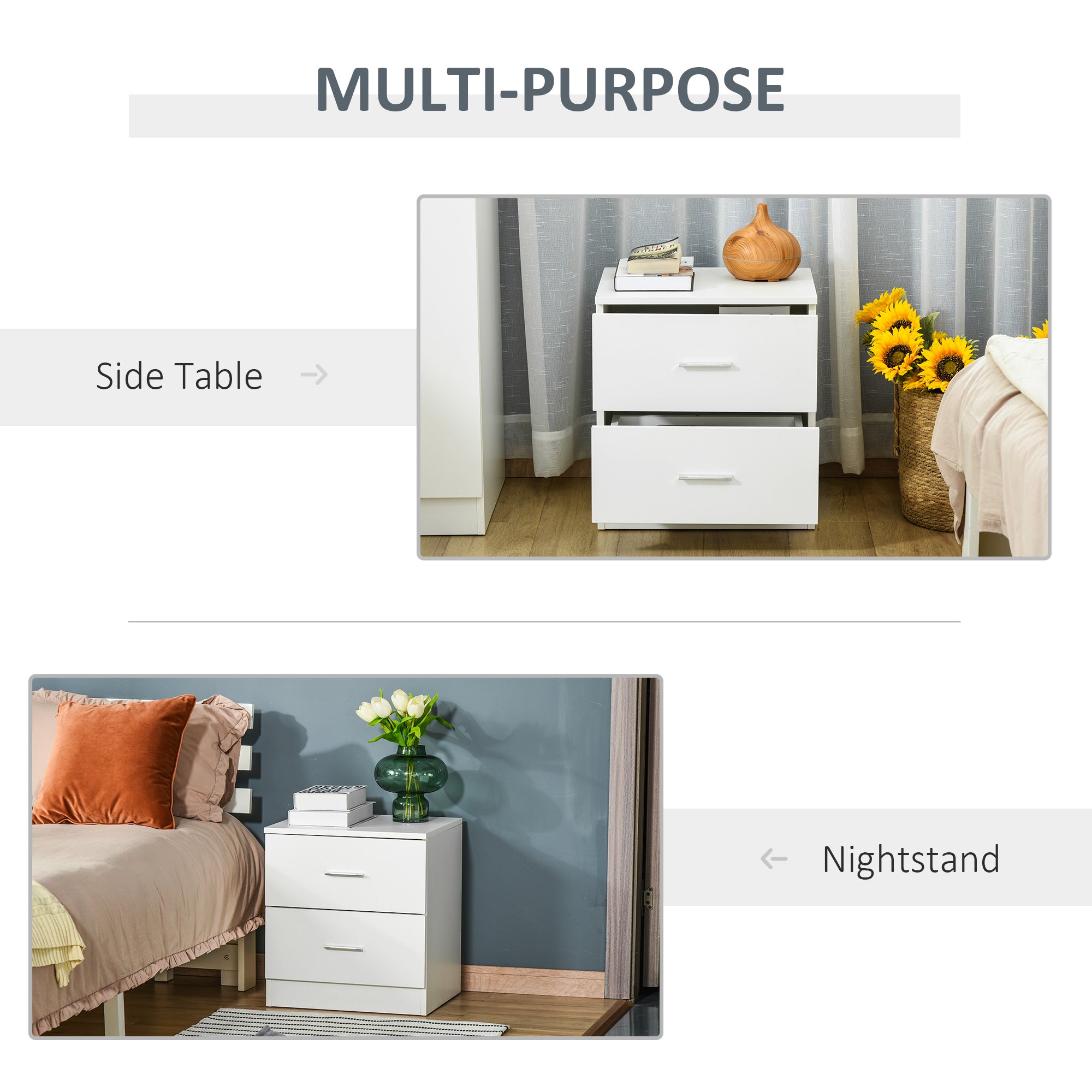 HOMCOM Bedside Table with 2 Drawers, Modern Nightstand, Cabinet Drawers Side Storage Unit for Bedroom, Living Room - North Peak Garden Furniture