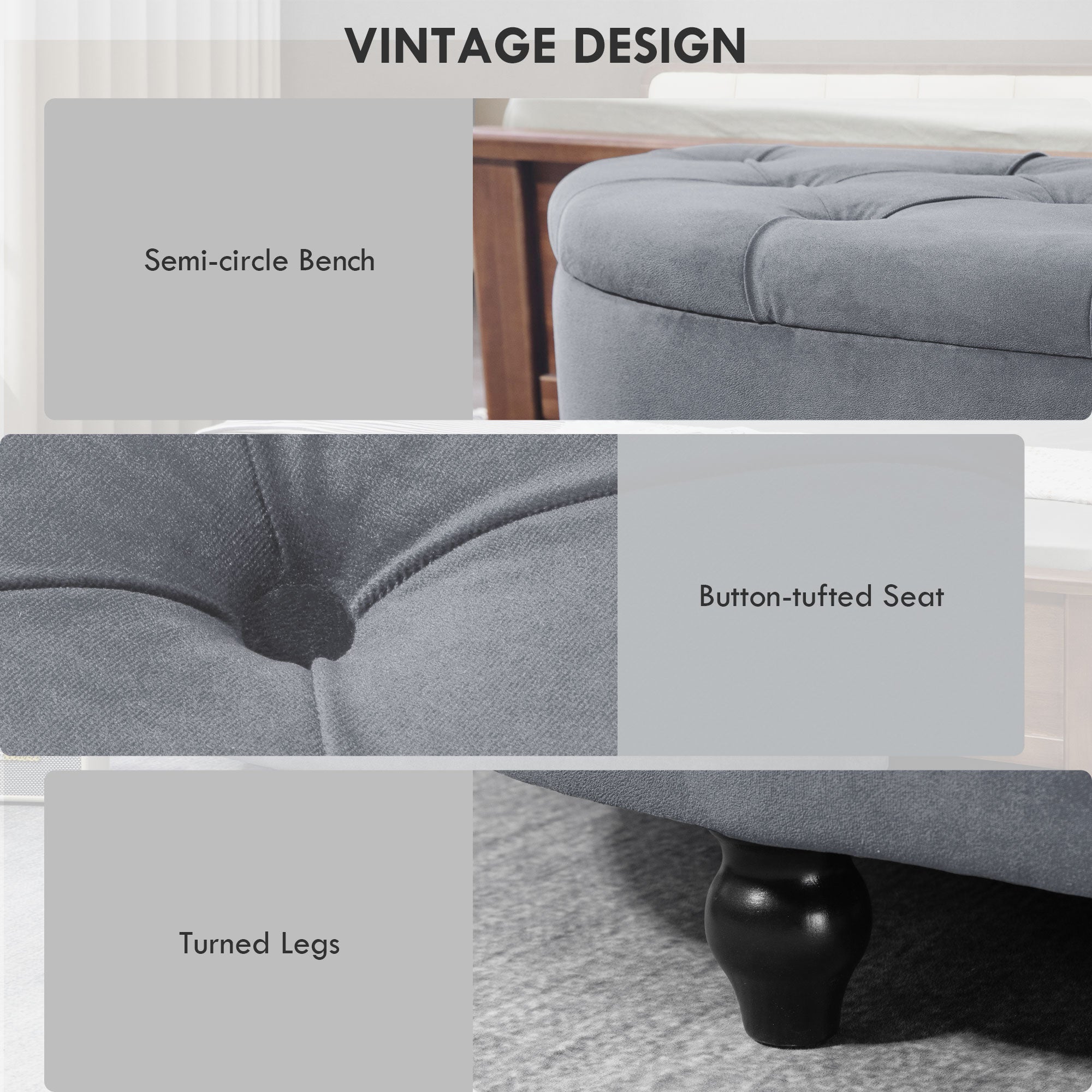 HOMCOM Velvet-Feel Half Circle Storage Ottoman - Dark Grey - North Peak Garden Furniture