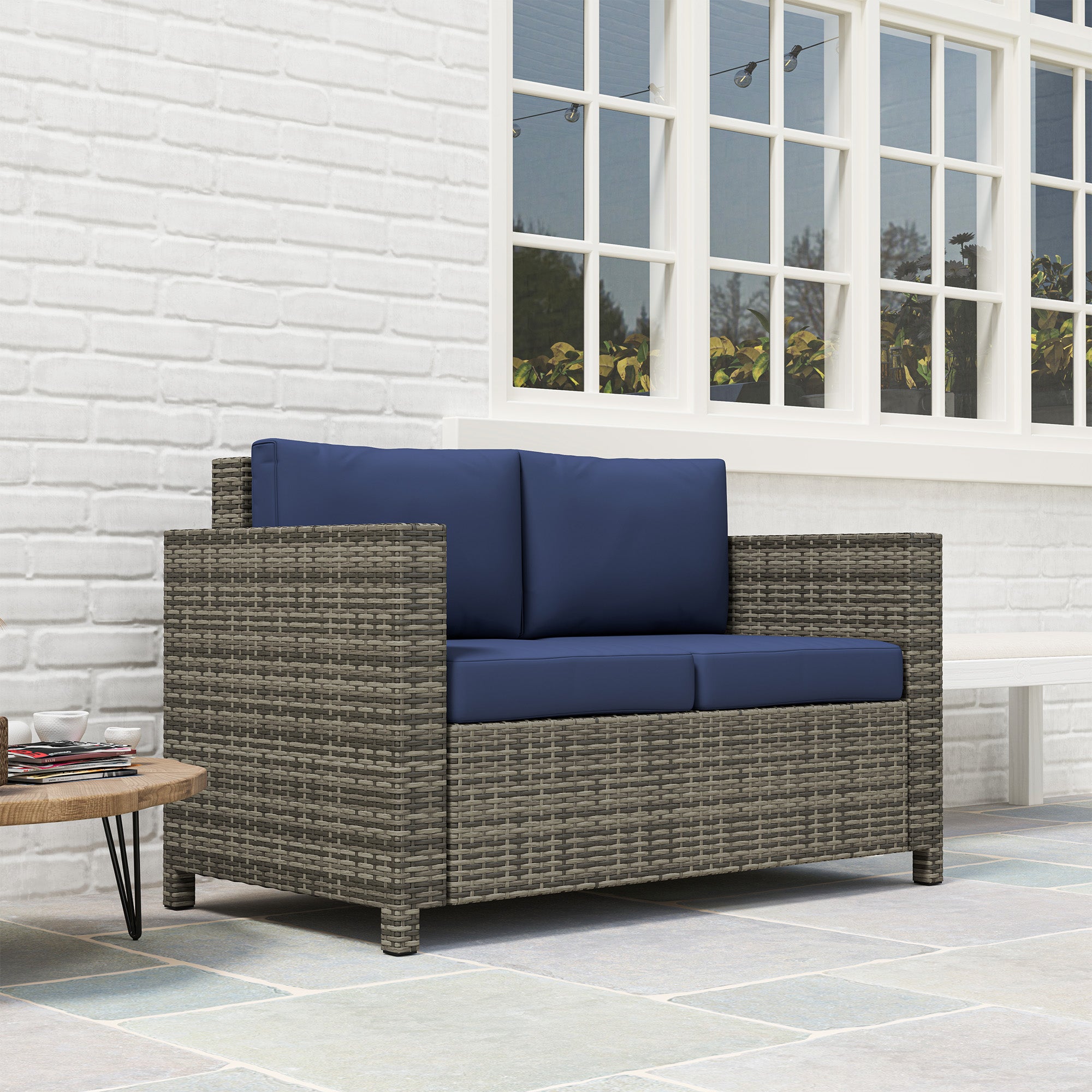 Outsunny 2 Seater Garden Furniture, Rattan Sofa with Soft Padded Cushion and Armrests, Wicker Garden Loveseat for Patio, Navy Blue - North Peak Garden Furniture