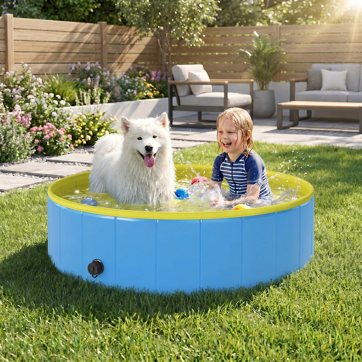 PawHut Foldable Dog Pool for Puppies and Ducks Dog Paddling Pool Bath Tub, Blue, 120 x 30cm