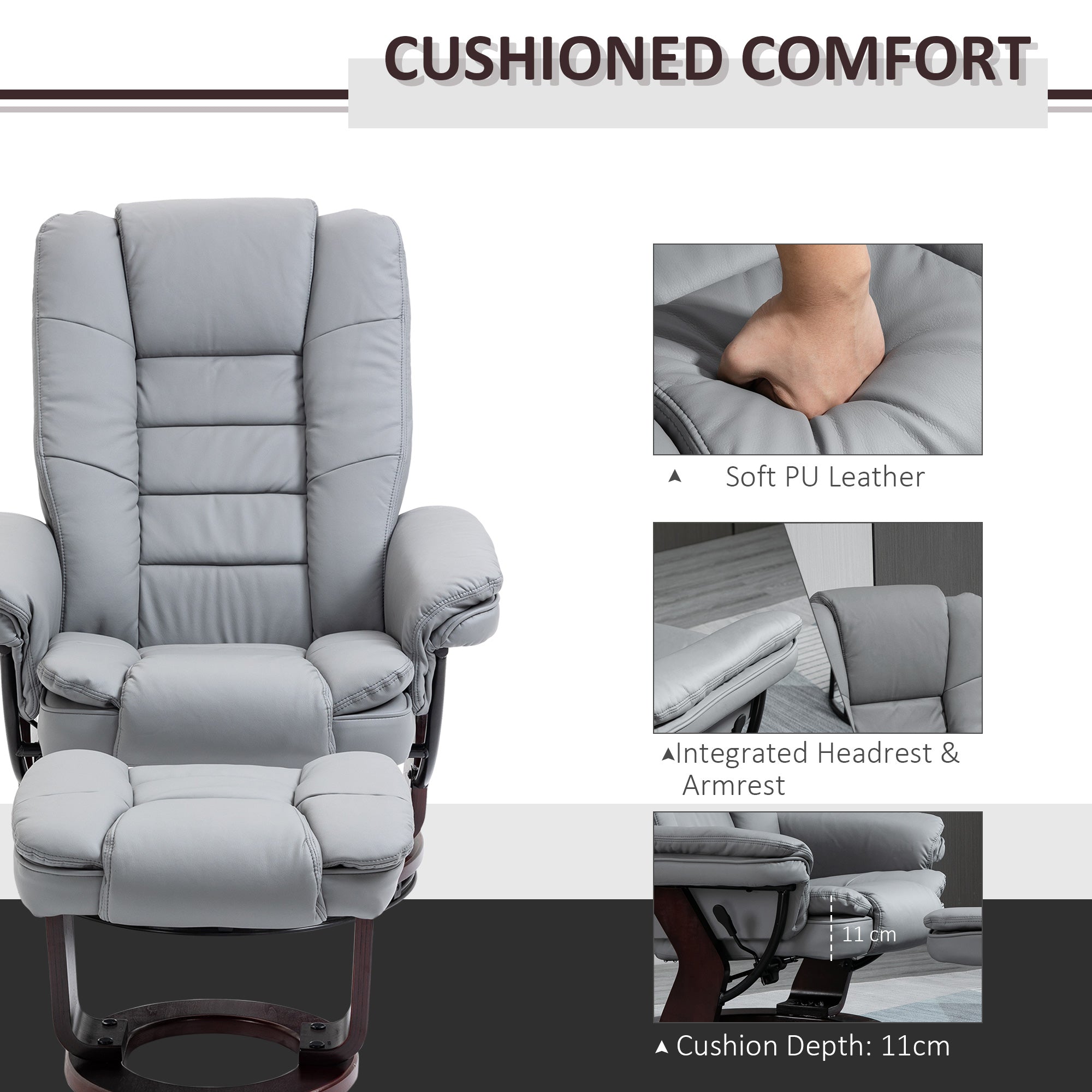 HOMCOM Manual Recliner and Footrest Set PU Leather Leisure Lounge Chair Armchair with Swivel Wood Base, Grey - North Peak Garden Furniture